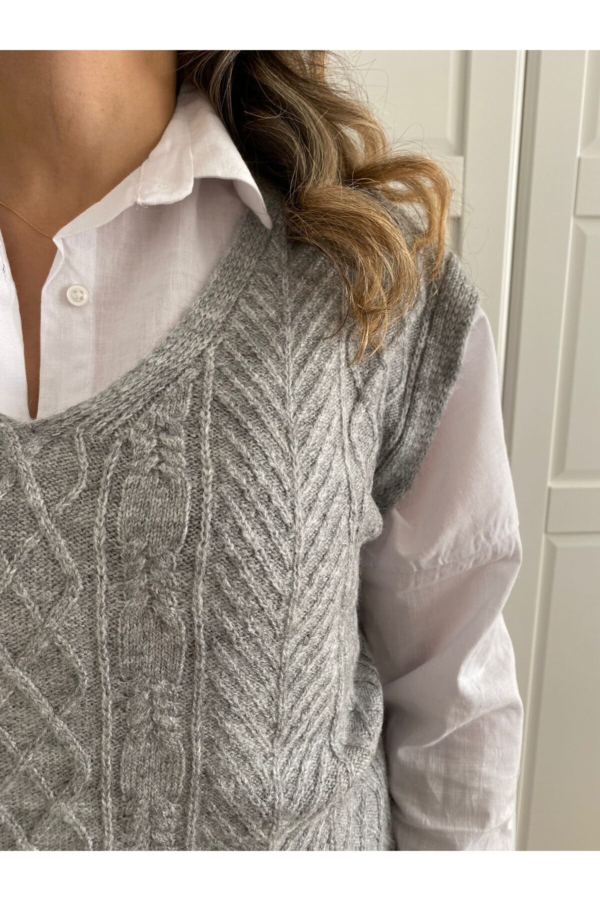 Grace Butik Gri Örgü Detaylı Triko Süveter