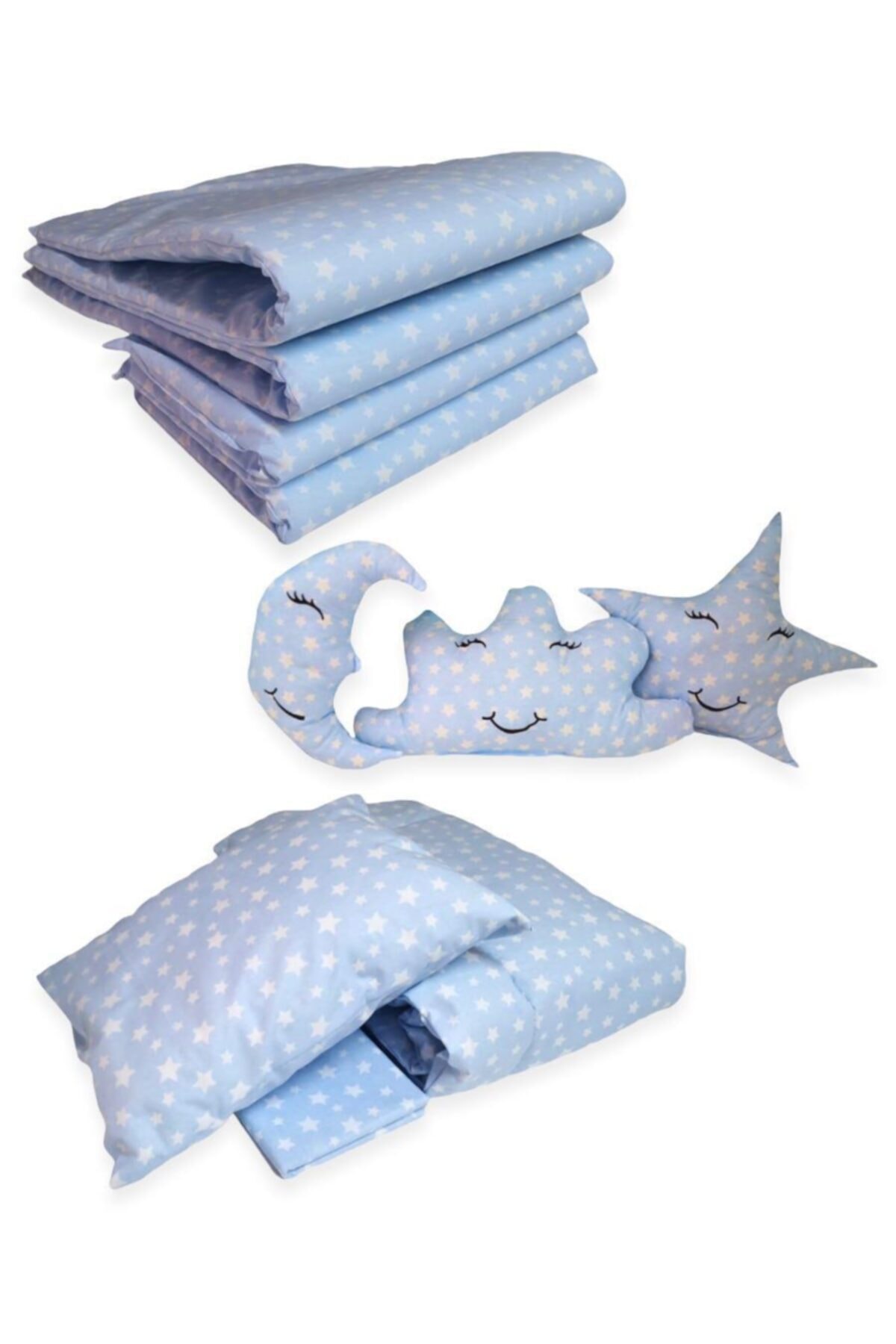Bebek Özel Pamuklu 90x130 Mobilya Beşik Uyku Seti Mavi Yıldızlı (10 Parça)