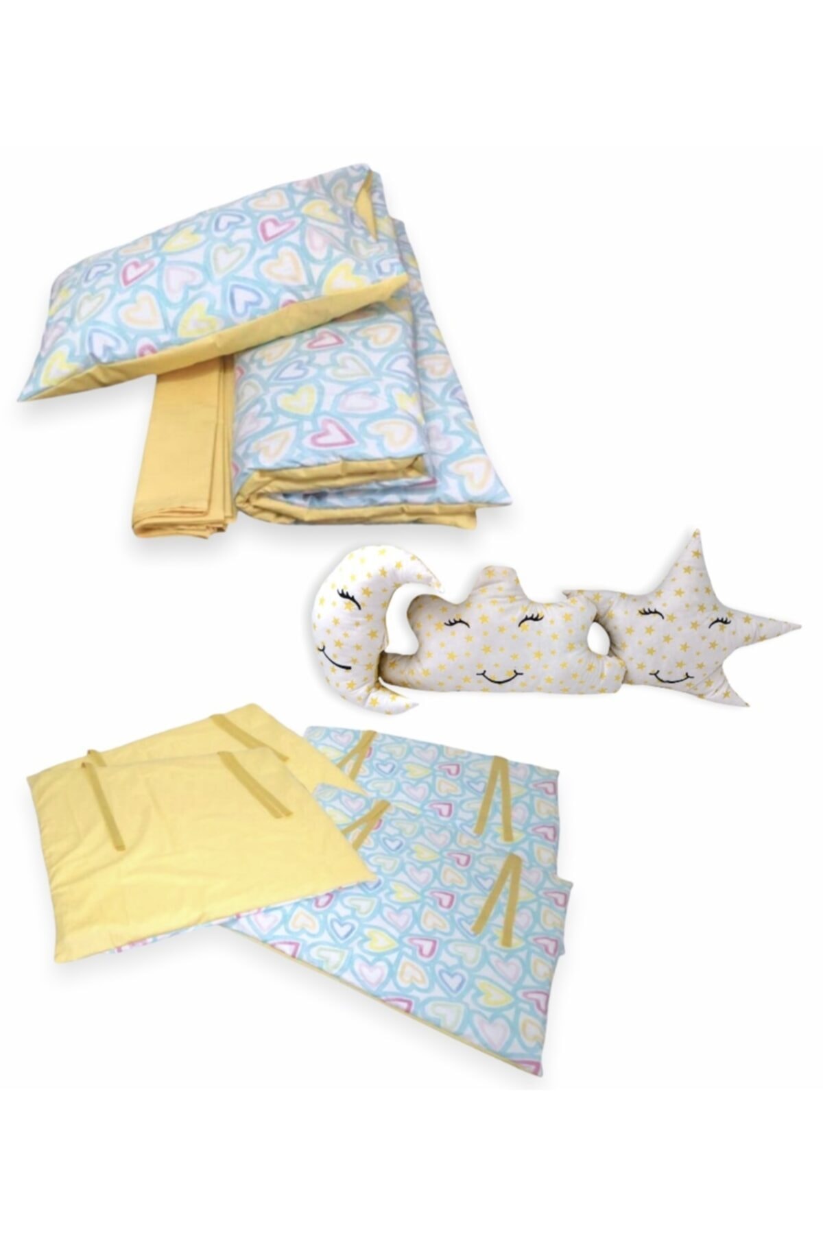 Bebek Özel %100 Pamuklu 70x120 Park Beşik Uyku Seti Gökkuşağı Kalpli Sarılı (10 Parça)