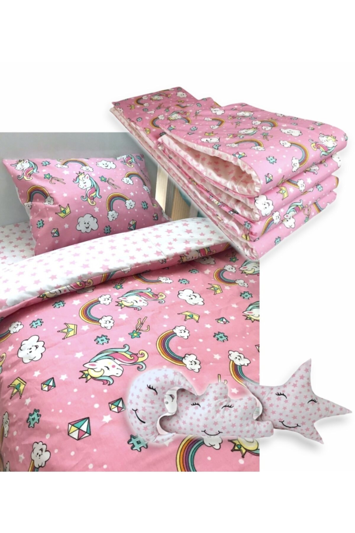 Bebek Özel %100 Pamuklu 50x90 Anne Yanı Beşik Uyku Seti Pembe Unicorn (10 Parça)