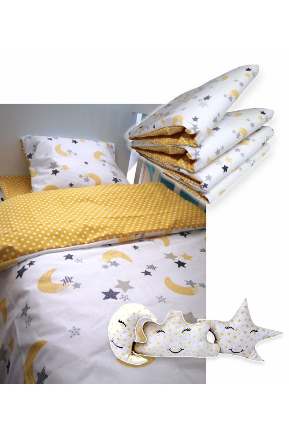 Bebek Özel %100 Pamuklu 90x130 Mobilya Beşik Uyku Seti Sarı Ay Yıldız Puantiyeli (10 Parça)