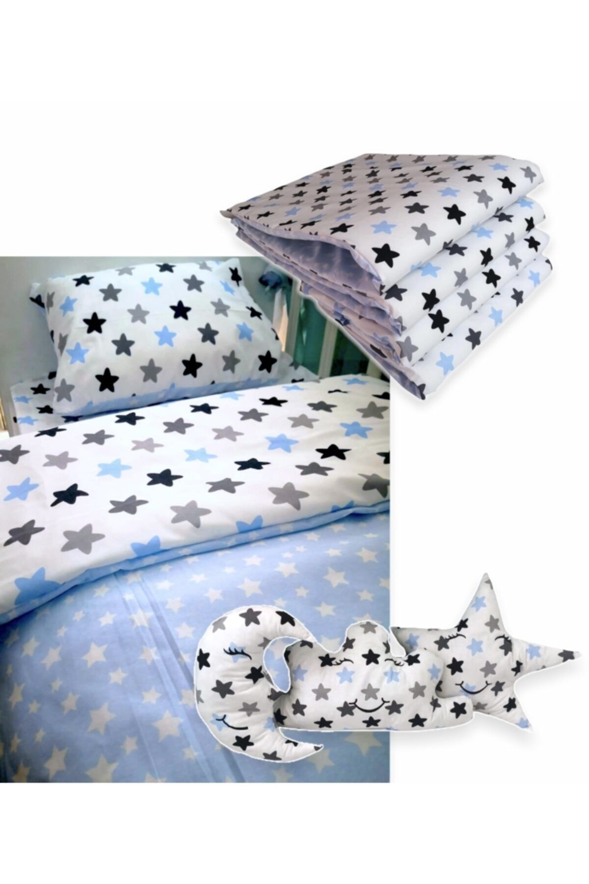 Bebek Özel Pamuklu 70x130 Mobilya Beşik Uyku Seti Mavi Gri Yıldızlı (10 Parça)
