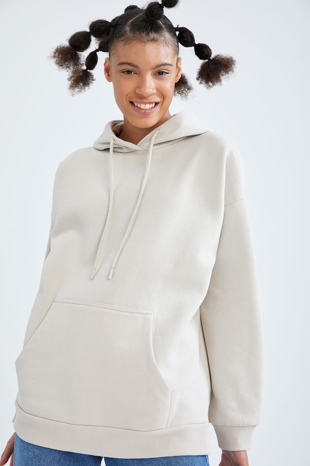DeFacto Içi Yumuşak Tüylü Kapüşonlu Kanguru Cepli Relax Fit Sweatshirt