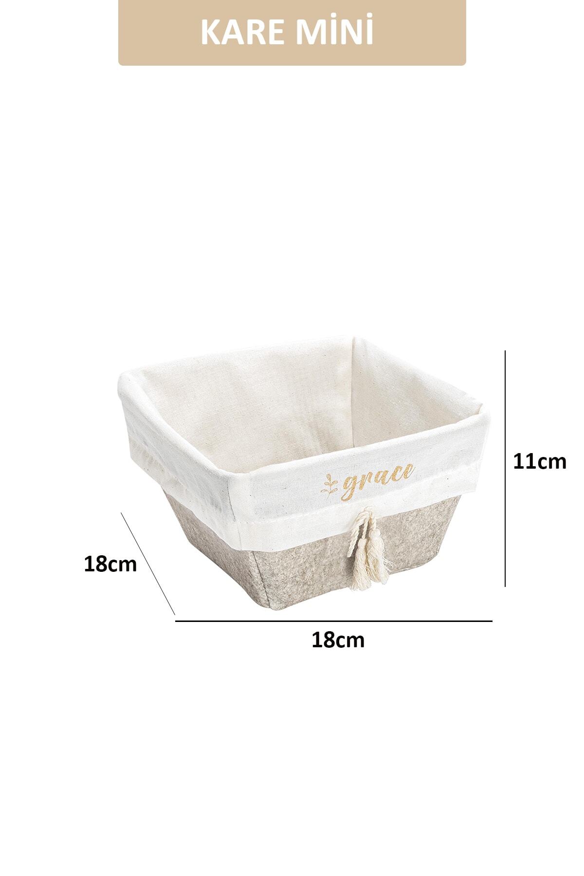 Pazar Kapısı Çok Amaçlı Dekoratif Keçeli Sepet Kare Bej Mini Boy 18x18x11cm