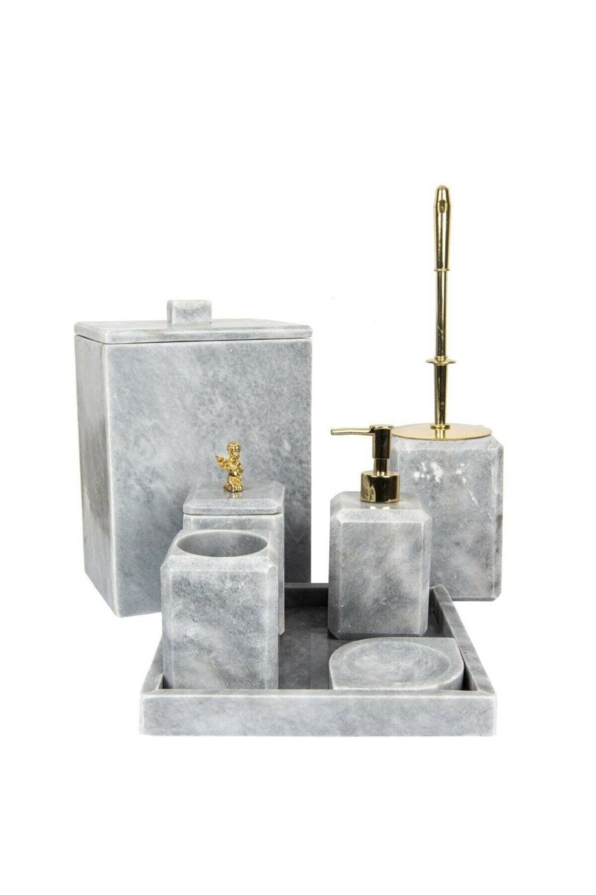 MIARIK DESIGN & DEKORASYON Dekoratif Grı Mermer Gold Melek Detaylı 7 Li Banyo Seti Takımı
