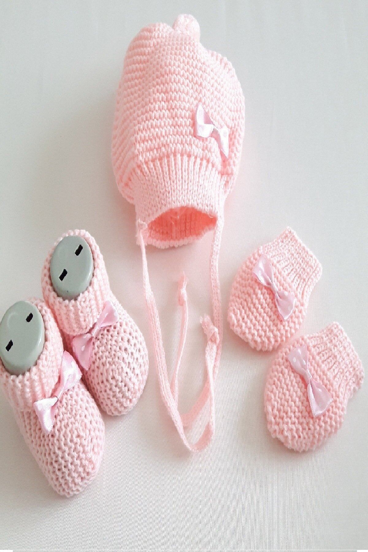 Çt Çeyizci Tekstil Bebek 3lü Patik Şapka Eldiven Takımı - Pudra