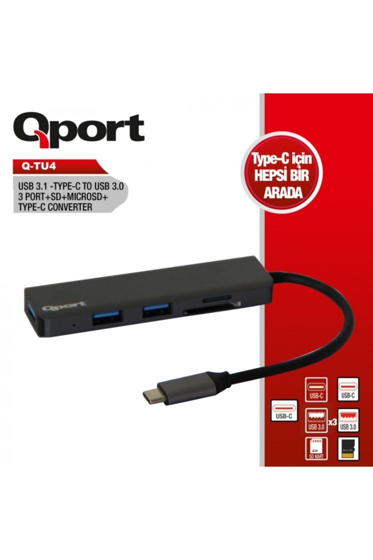 Qport Q-tu4 Type-c To 3xusb3.0+mıcrosd Çevirici Adaptör