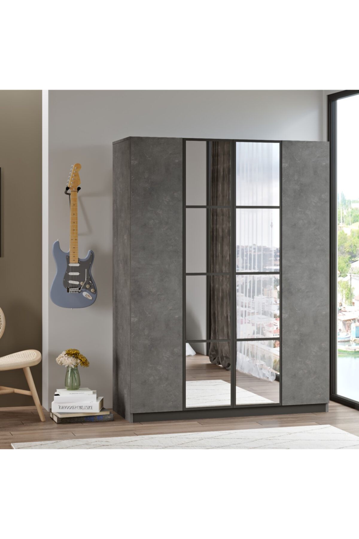 Robin Home 4 Kapaklı Çekmeceli Aynalı Gardırop Elbise Dolabı Gri Mo2-rg