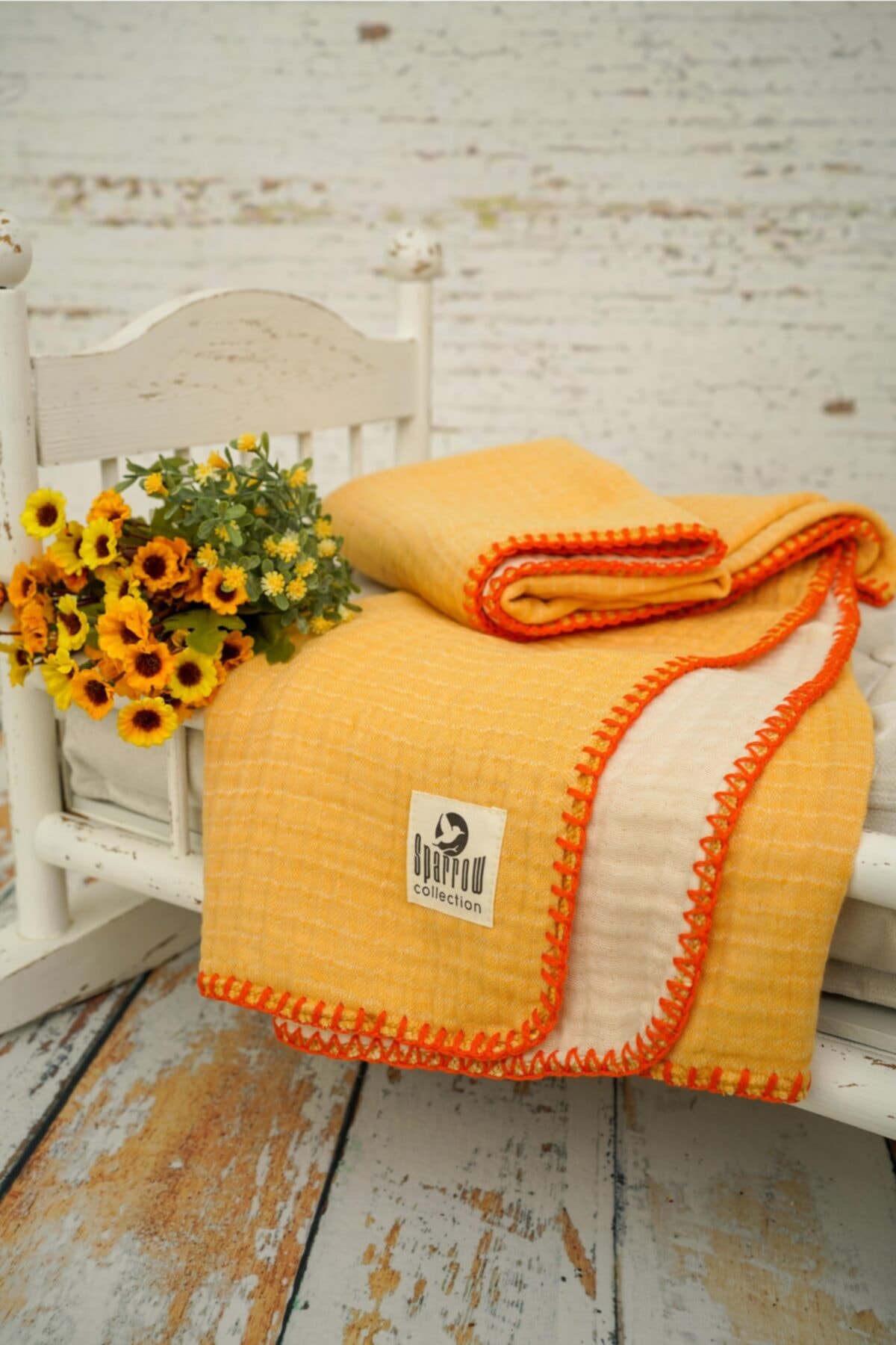 Sparrow Collection Turuncu Çoban Dikişli 4 Katlı Müslin Bebek&çocuk Battaniye 85x85 Cm+ Ağız Mendili