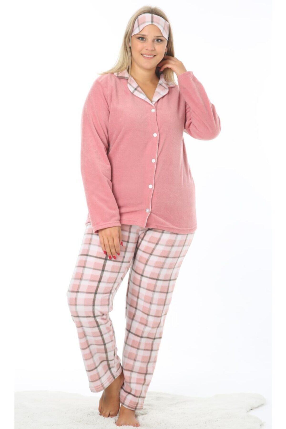 Ladies First Büyük Beden 8108 Pudra Pijama Takım Desenli Likralı Polar Kumaştan Uzun Kollu