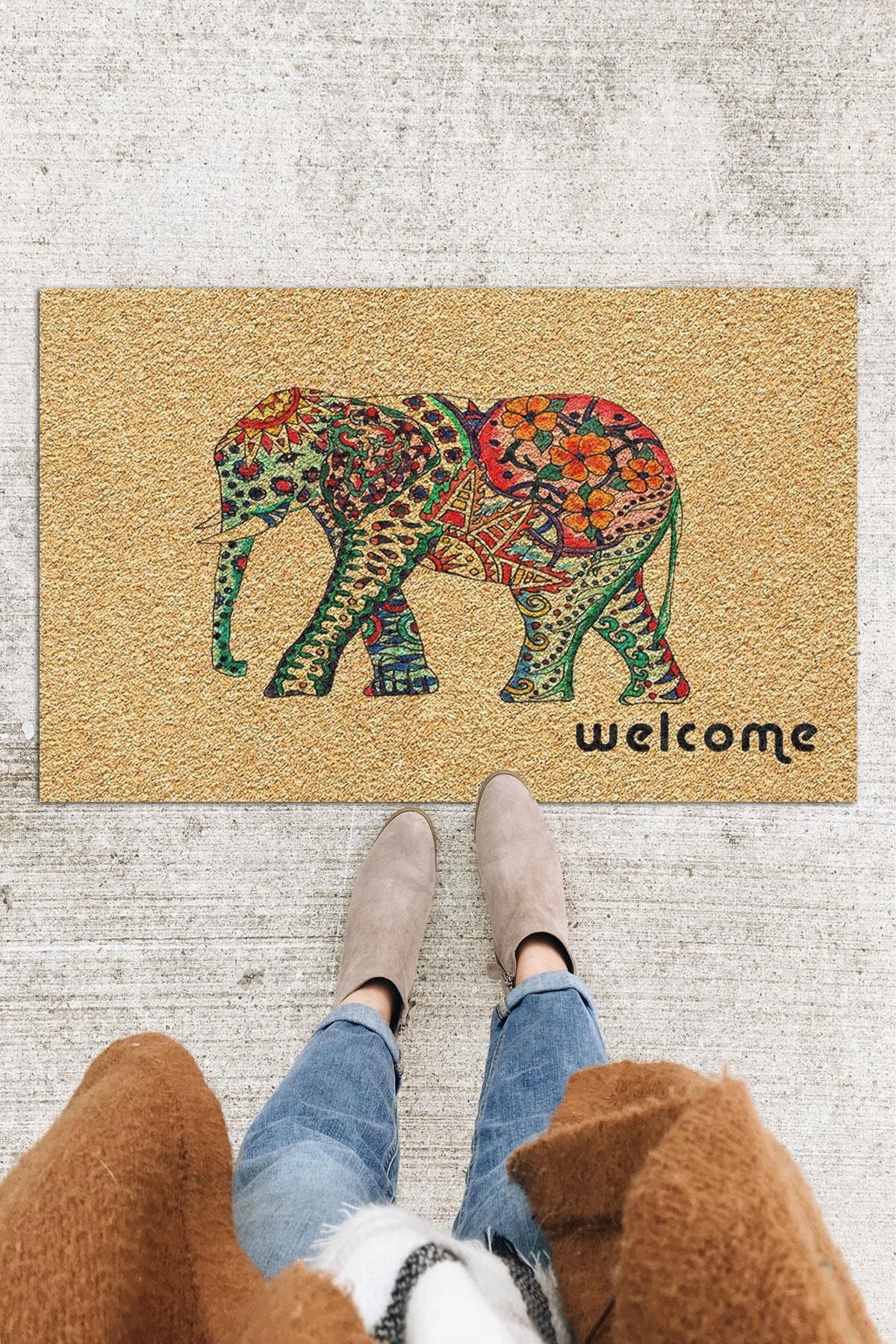 Buket Home Renkli Fil Kapı Önü Paspası Dekoratif Kapı Paspası Dış Mekan Paspas Ev Içi Paspası 45x70cm