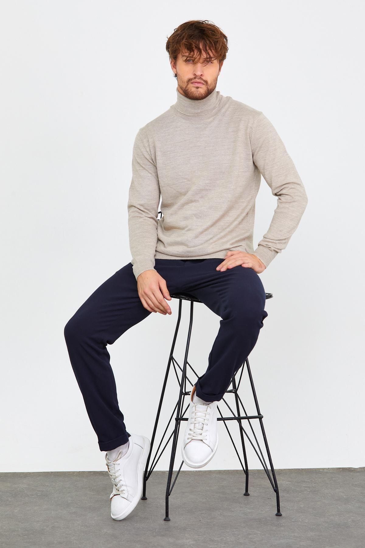 odelon Erkek Slim Fit Tam Balıkçı Triko Kazak Bej