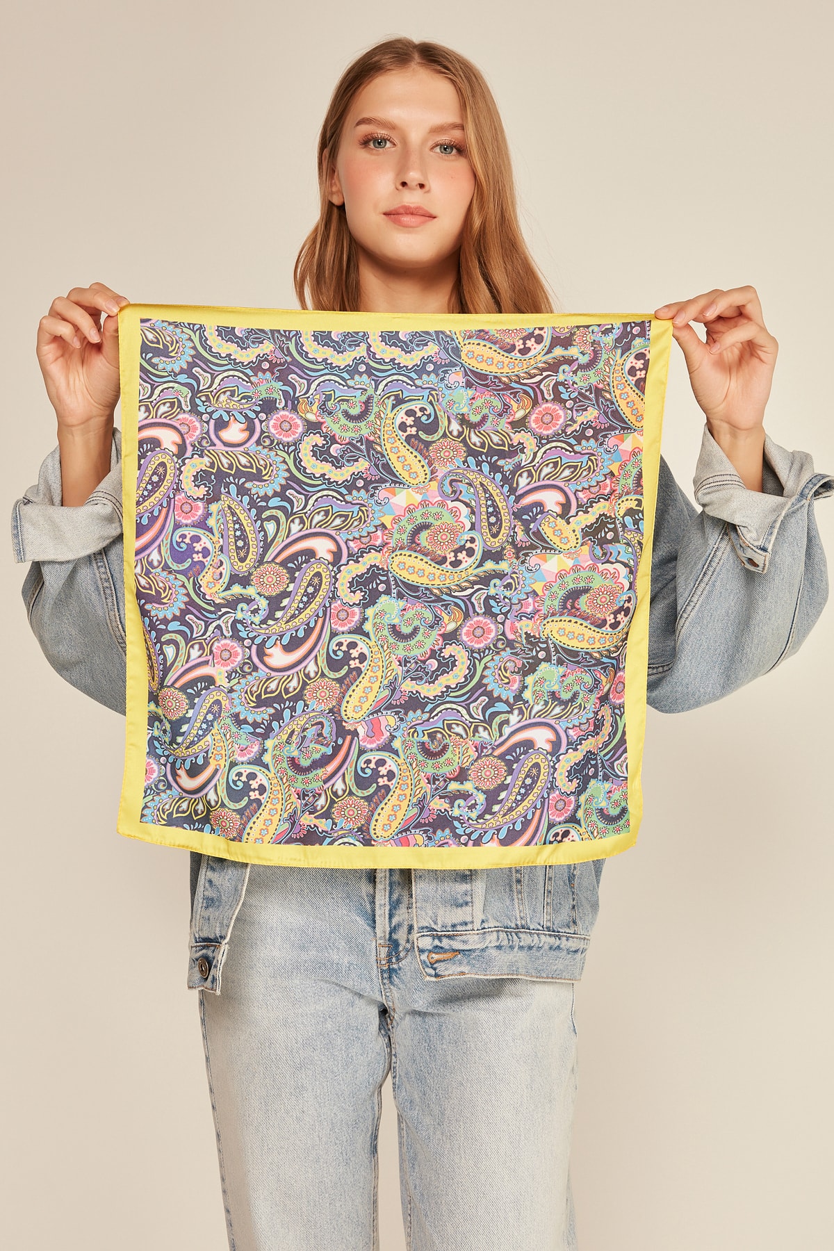 YLondon 13786 Şal Desenli Sarı Bandana Fular