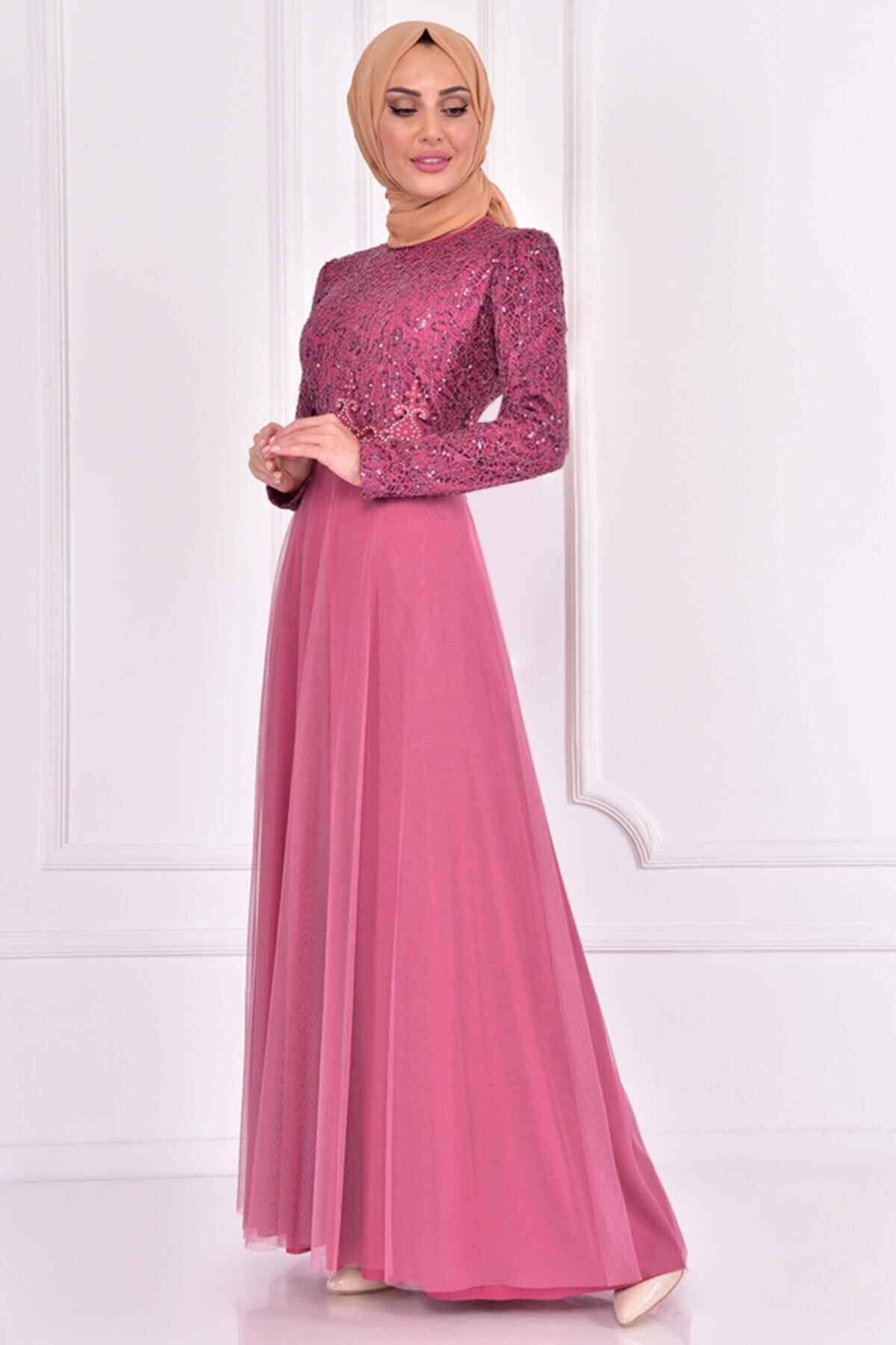 ModaMerve Kadın Tül Abiye Pembe Asm2205