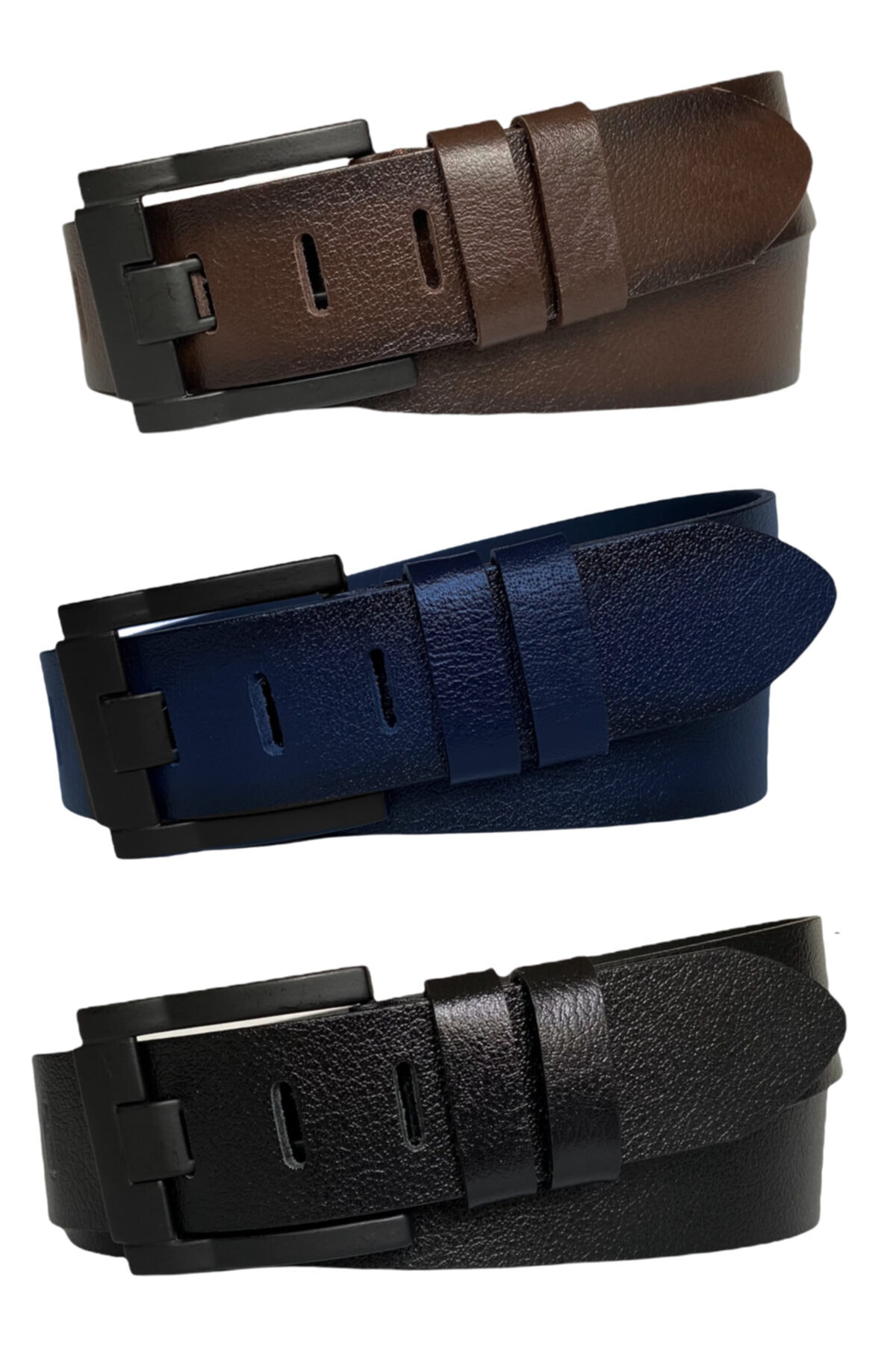GoDeri %100 Hakiki Deri 3'lü Geniş Dilli Set Siyah, Lacivert, Kahve 4.5 Cm Kot, Spor Kemer, Siyah Tokalı
