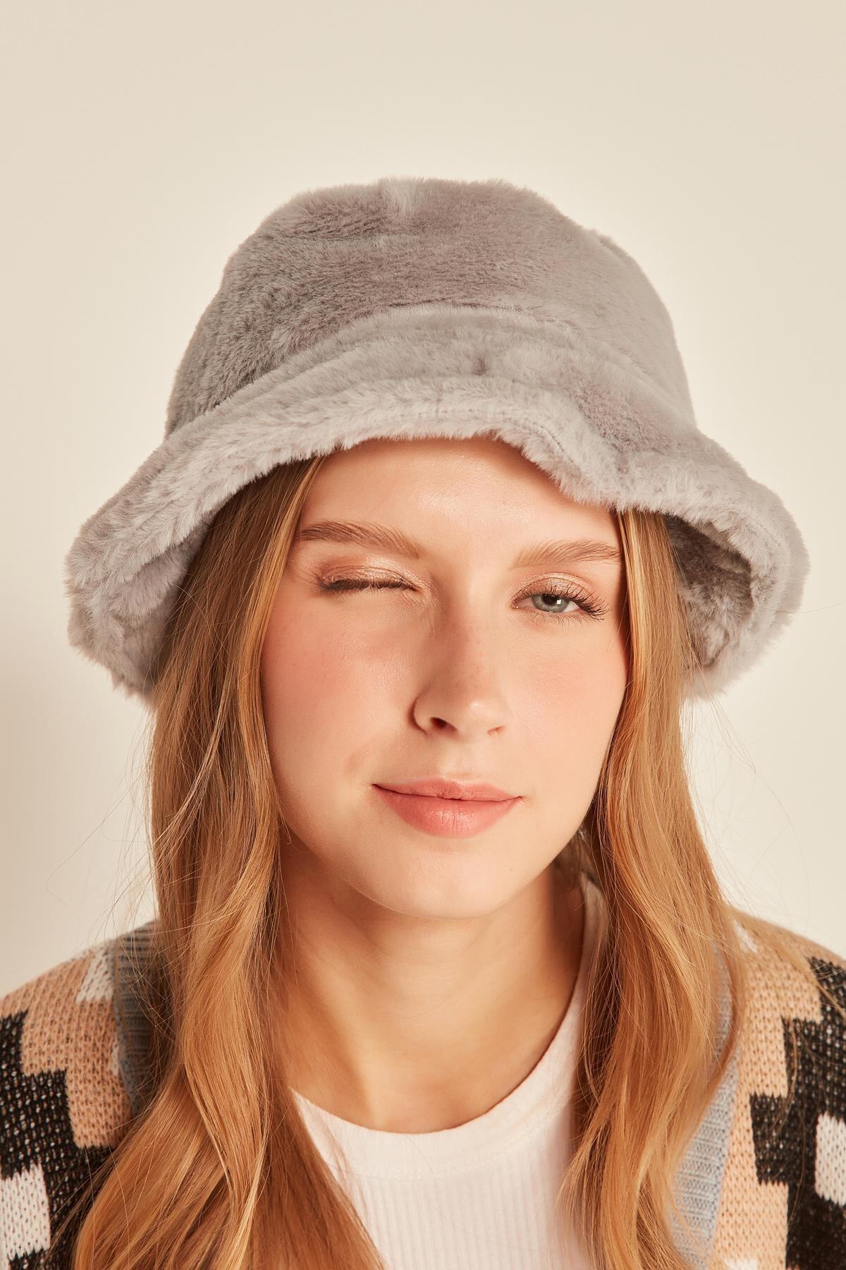 YLondon 12839-1 Açık Gri Renk Peluş Bucket Şapka