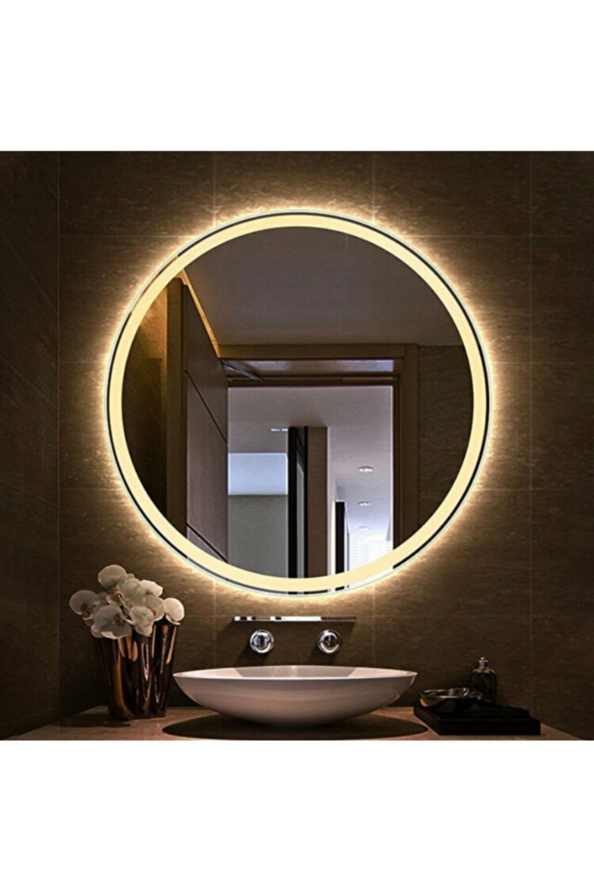 MIRRORLAND 60 Cm Çapında Gün Işığı Led Işıklı Kumlamalı Led Ayna / Dekoratif Ayna / Banyo Aynası / Adaptörlü