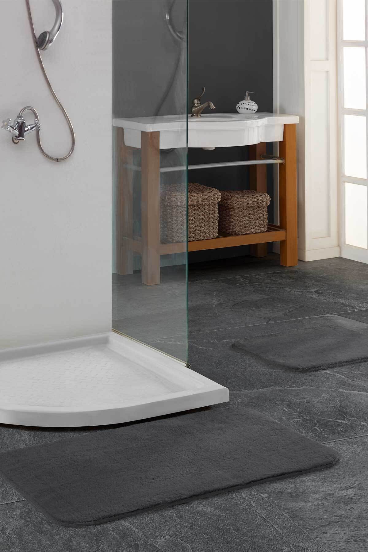 Elart Banyo Paspas Takımı 2li Kaydırmaz Tabanlı Peluş Dokuma Doly Antrasit