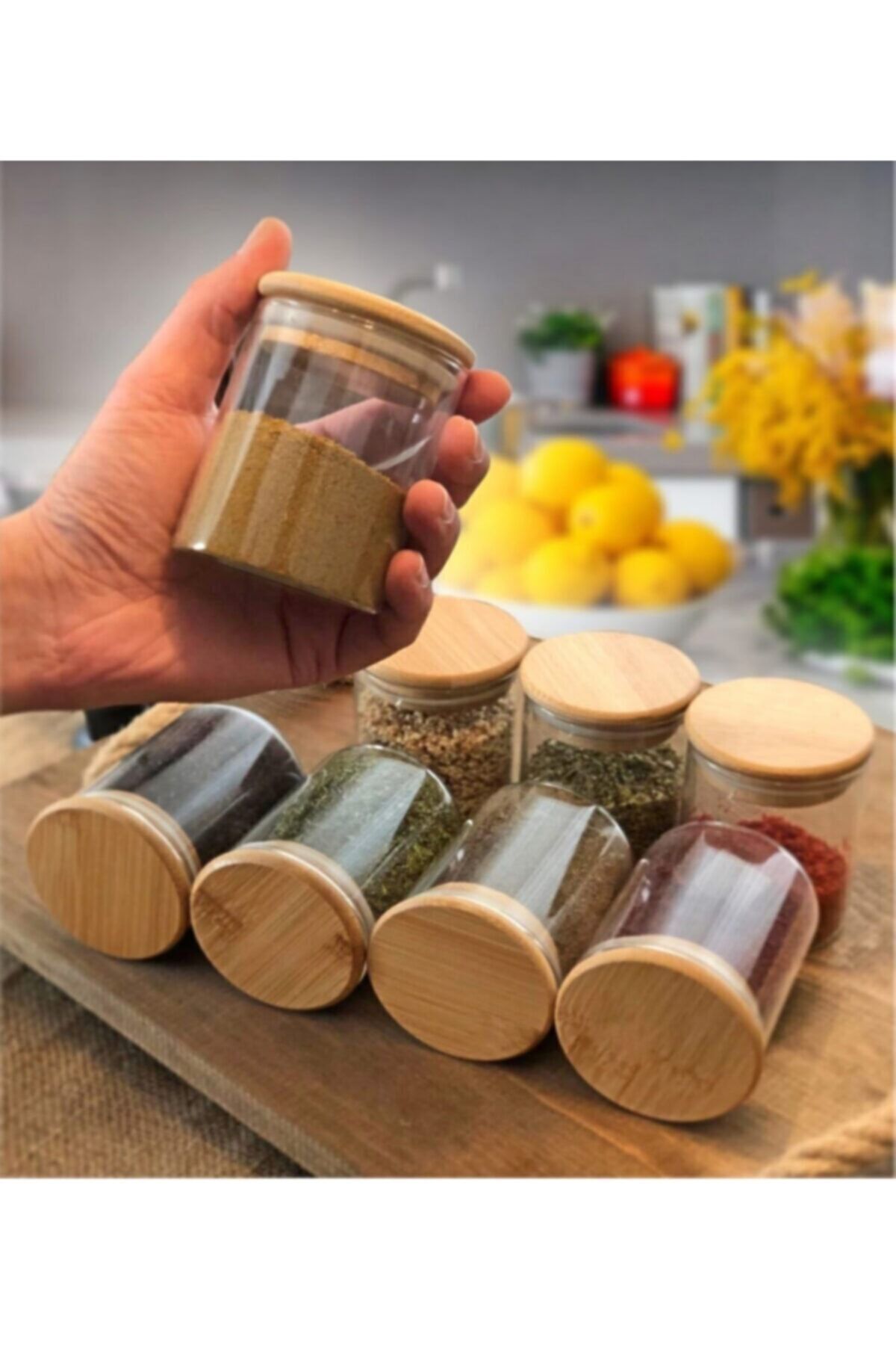 TRUSTMODA 8 Adet 200 Ml Bambu Vakum Kapaklı Cam Kavanoz Set