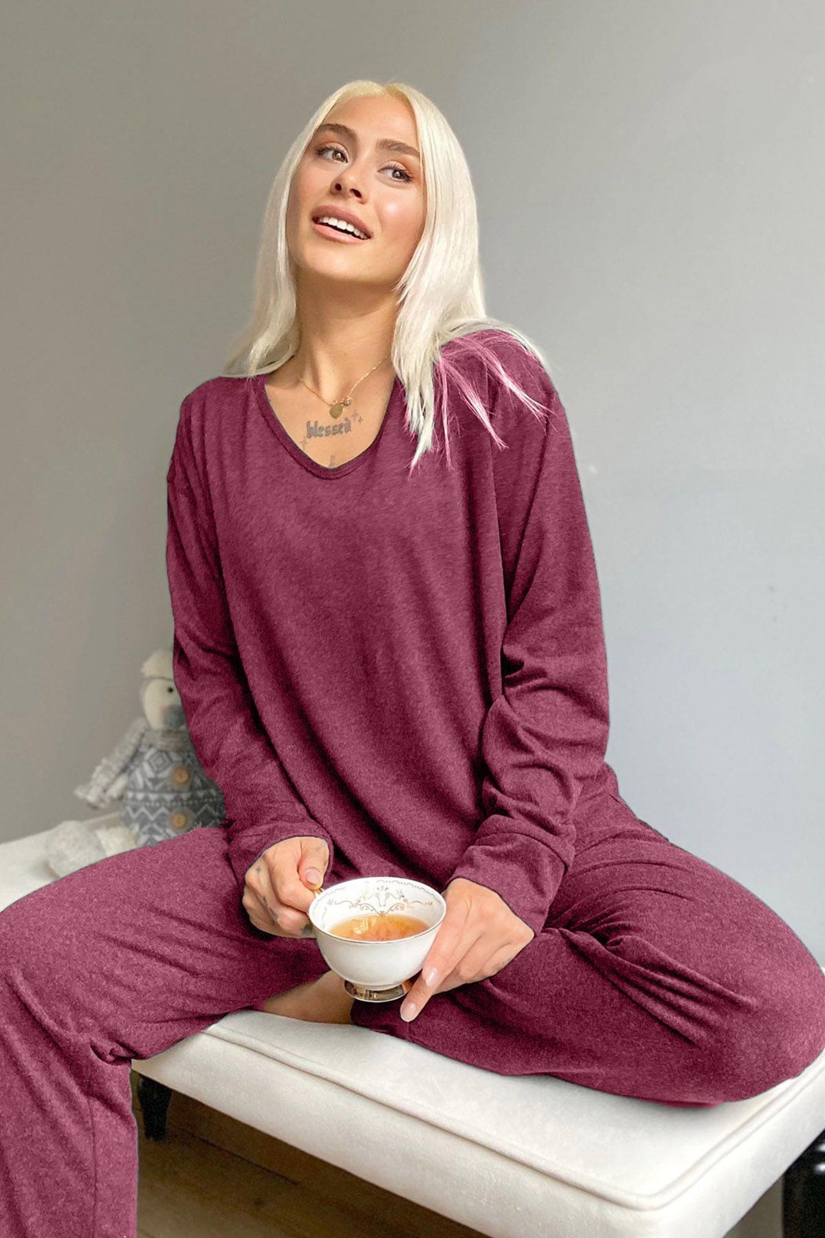 Pijamaevi Bordo Bambu Uzun Kol Kadın Pijama Takımı