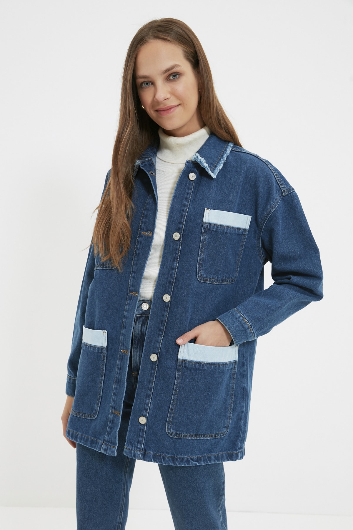 Trendyol Modest Indigo Gömlek  Yaka Cepli Ceket TCTAW22CK0048