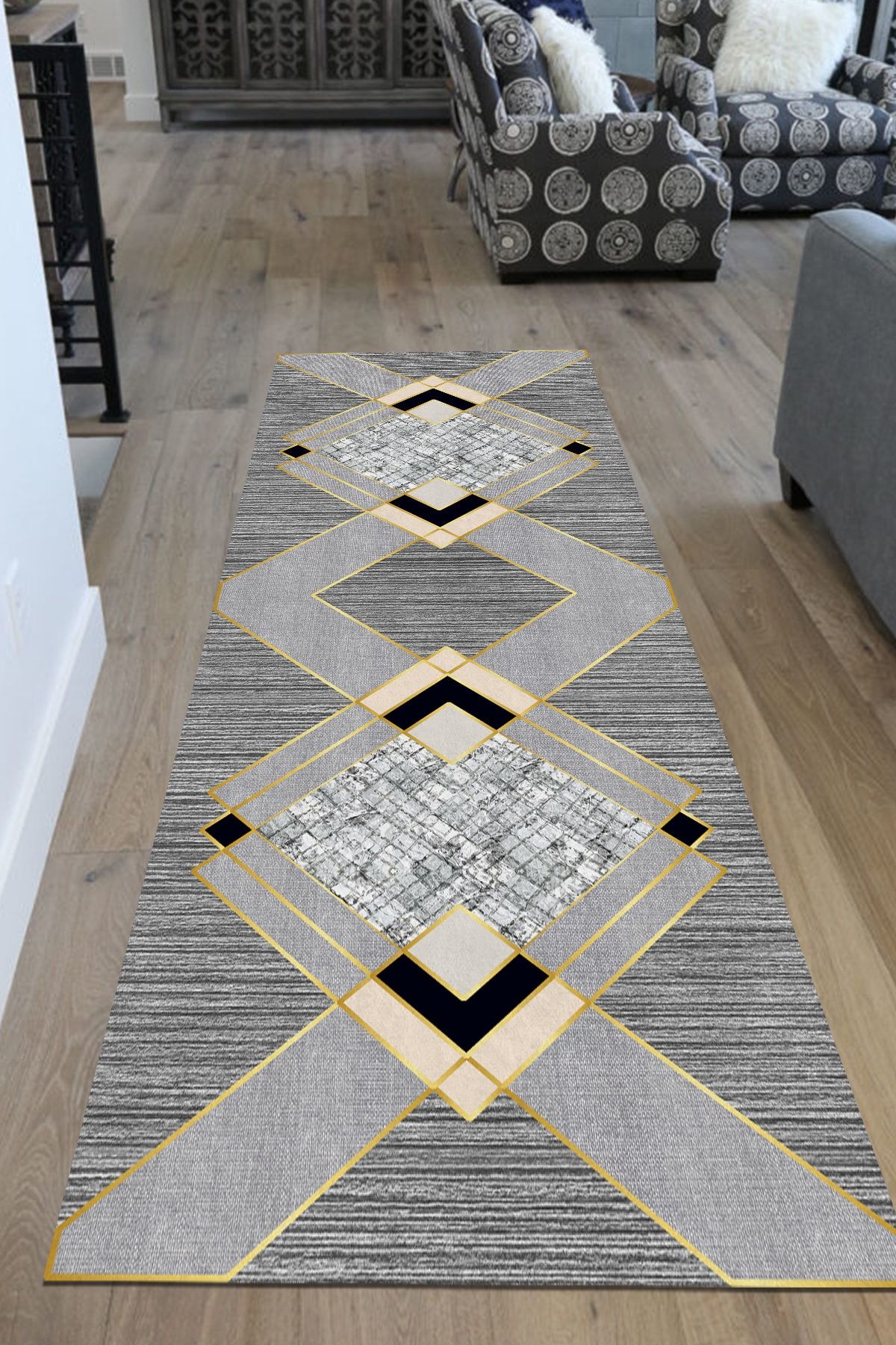 PINKIE HOME Dijital Baskı Yıkanabilir Kaymaz Dod Taban Gri Kristal Desenli Halı Yolluk Ve Salon Halısı-1017