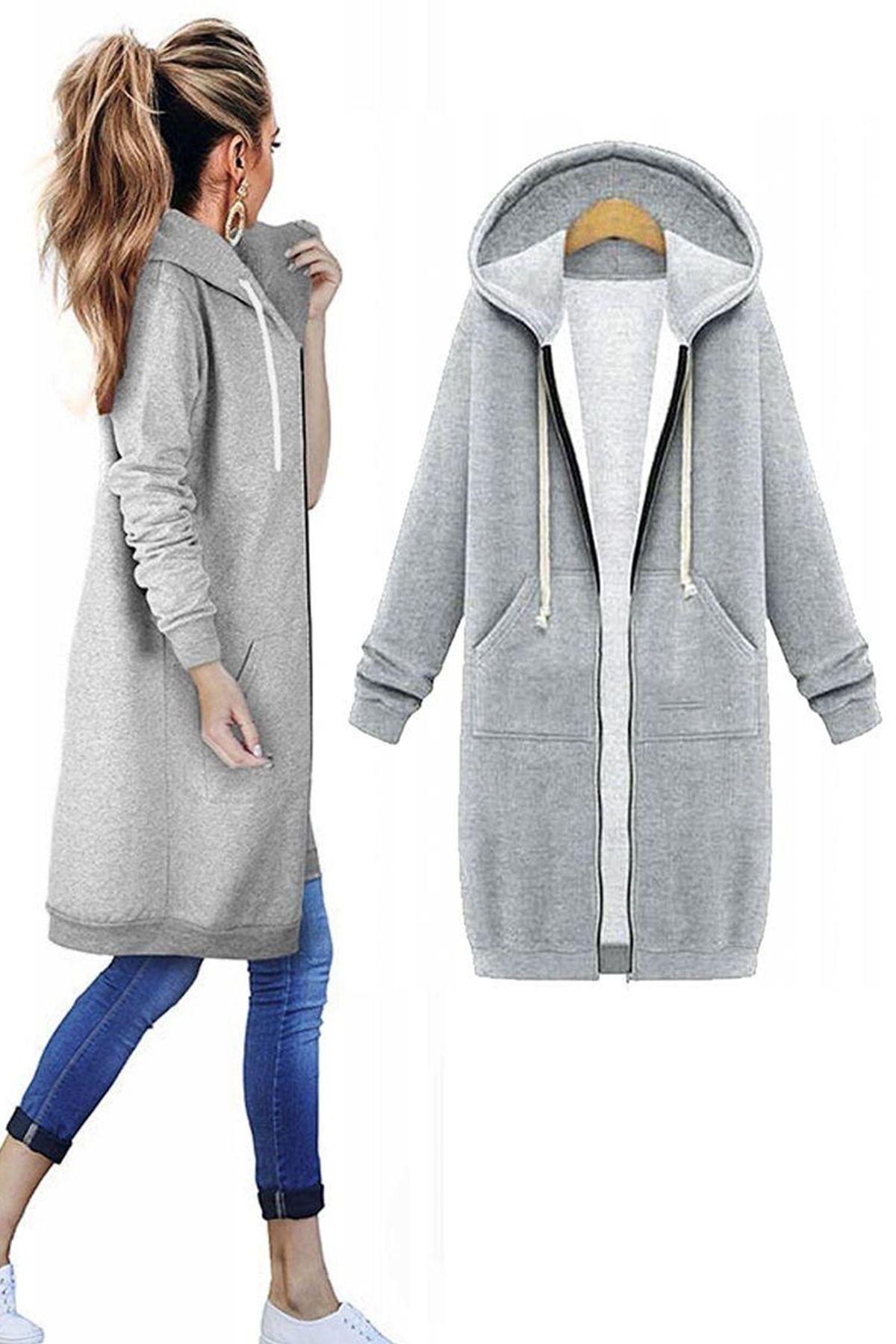 bayansepeti Boydan Fermuarlı Üç Iplik Kumaş Içi Pamuklu Kapüşonlu Gri Uzun Sweatshirt Tunik Hırka 091