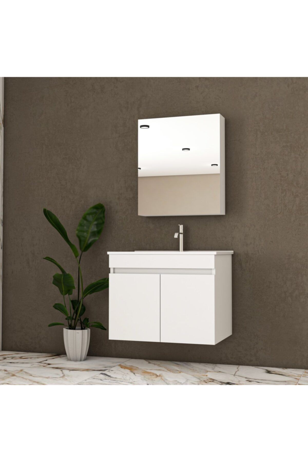 banos Al3 Ayaksız 2 Kapaklı Lavabolu Beyaz Mdf 65 Cm Banyo Dolabı Aynalı Üst Dolabı