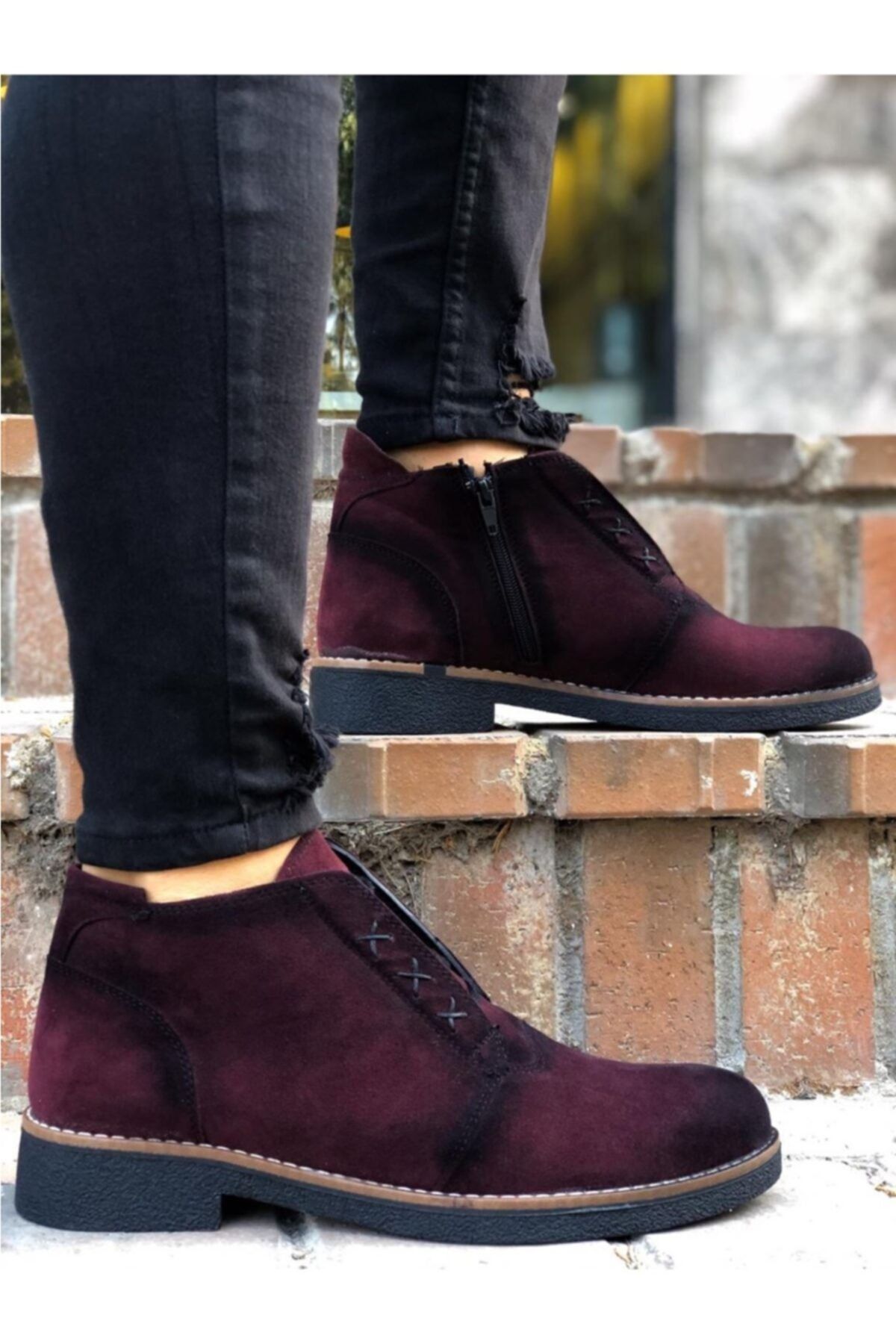 ayakkabıxml Er0045 Gizli Bağcıklı Bordo Süet Siyah Taban Casual Erkek Spor Klasik Yarım Bilek Bot