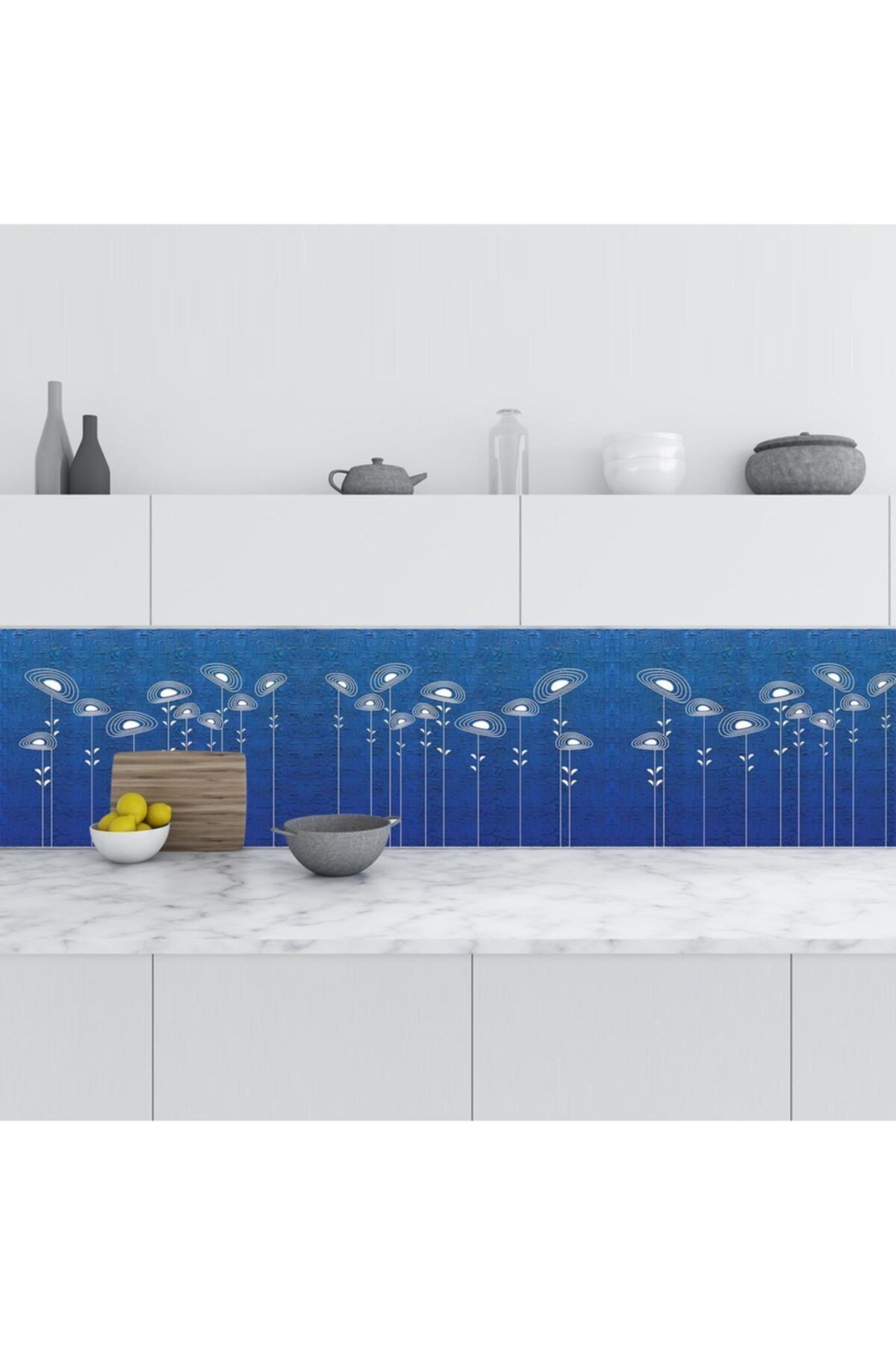 StickerArt Mutfak Tezgah Arası Folyo Fayans Kaplama Folyosu Mavi Beyaz Çiçekler 60x400 Cm