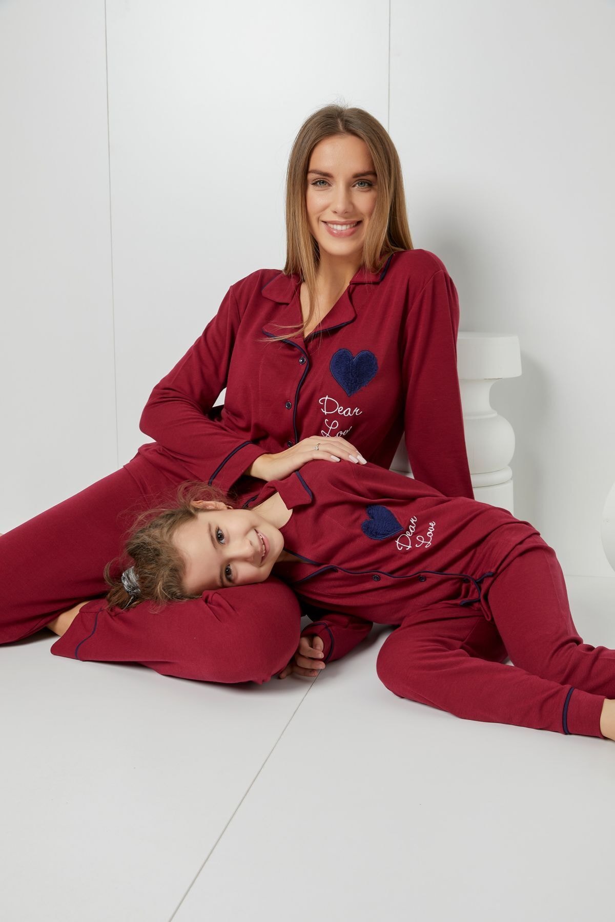 Siyah İnci Bordo Nakışlı Interlok Düğmeli Pijama Takımı