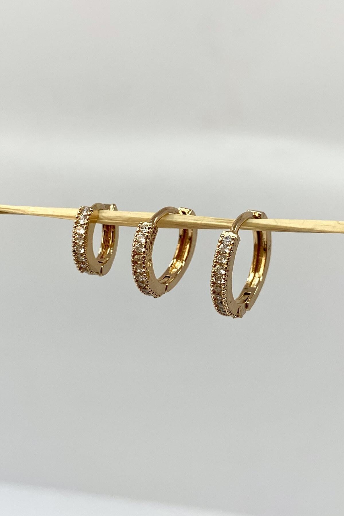 defnar takı Zirkon Taşlı 3 Lü Küpe Gold Renk Zirkon Taşlı Halka Küpe Üçlü Set Küpe