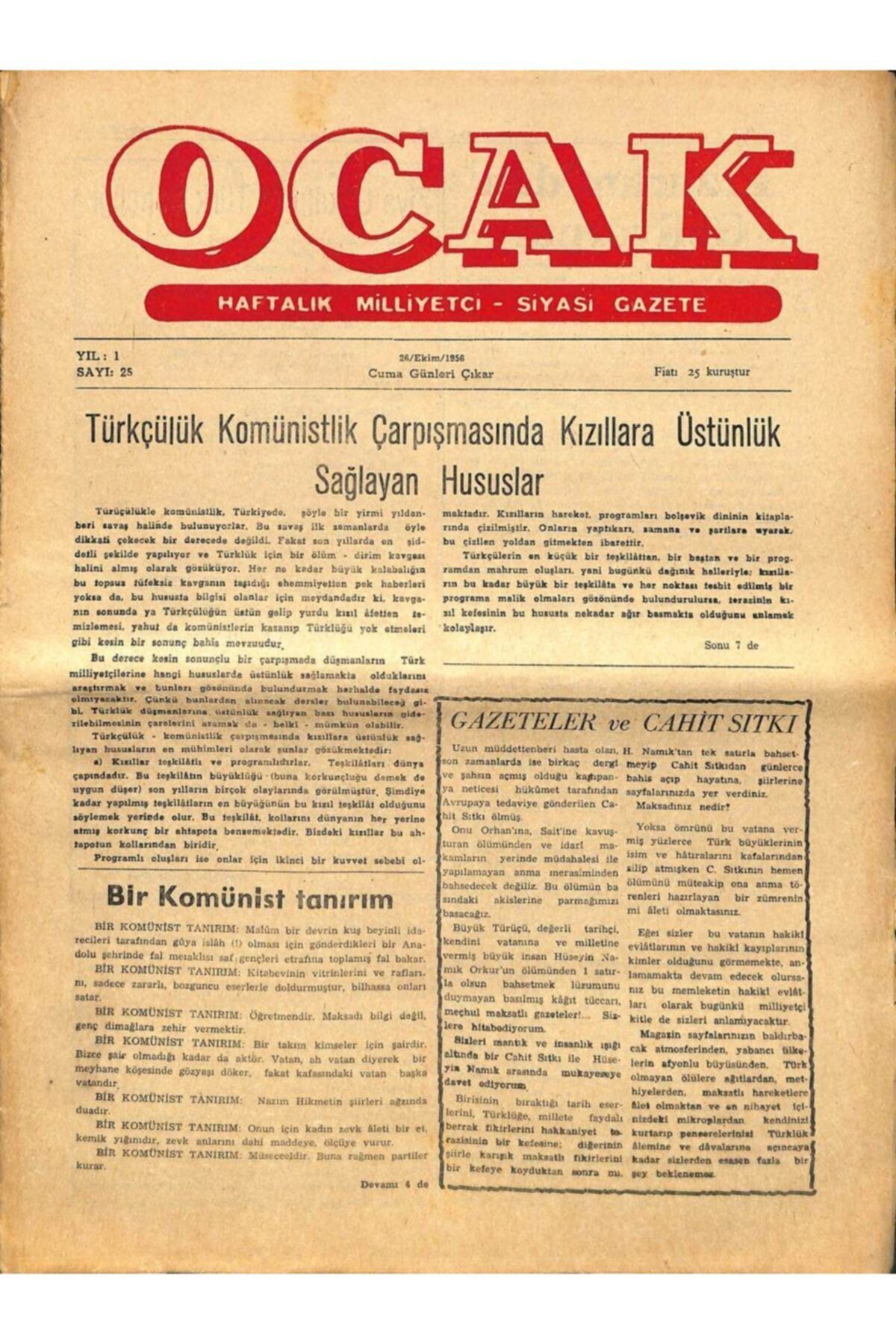Gökçe Koleksiyon Ocak Haftalık Milliyetçi Siyasi Gazete 26 Ekim 1956 - Gazeteler Ve Cahit Sıtkı, Stalin Ve Kruşçef, T