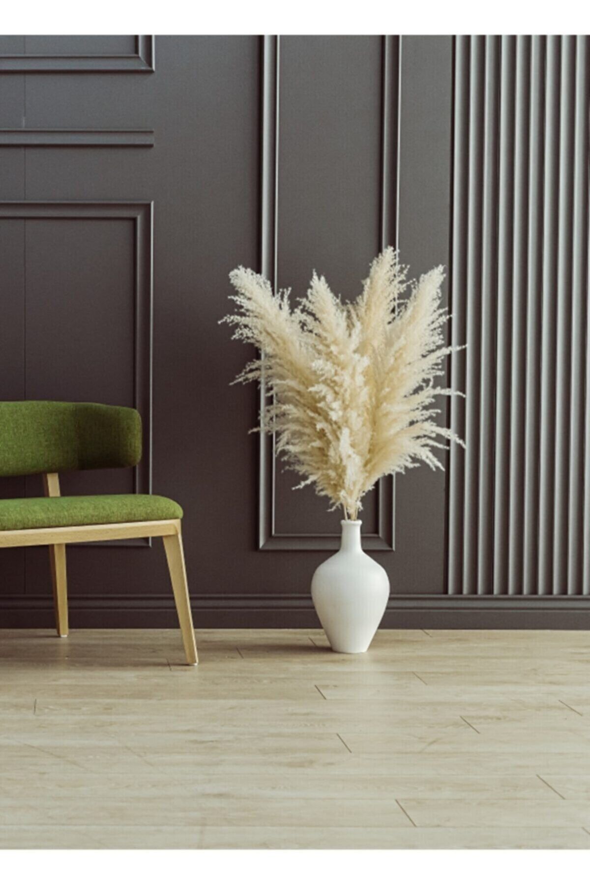 F&F HOME Seramik Vazo Ve 4 Adet Pampas Beyaz Krem Ff1121