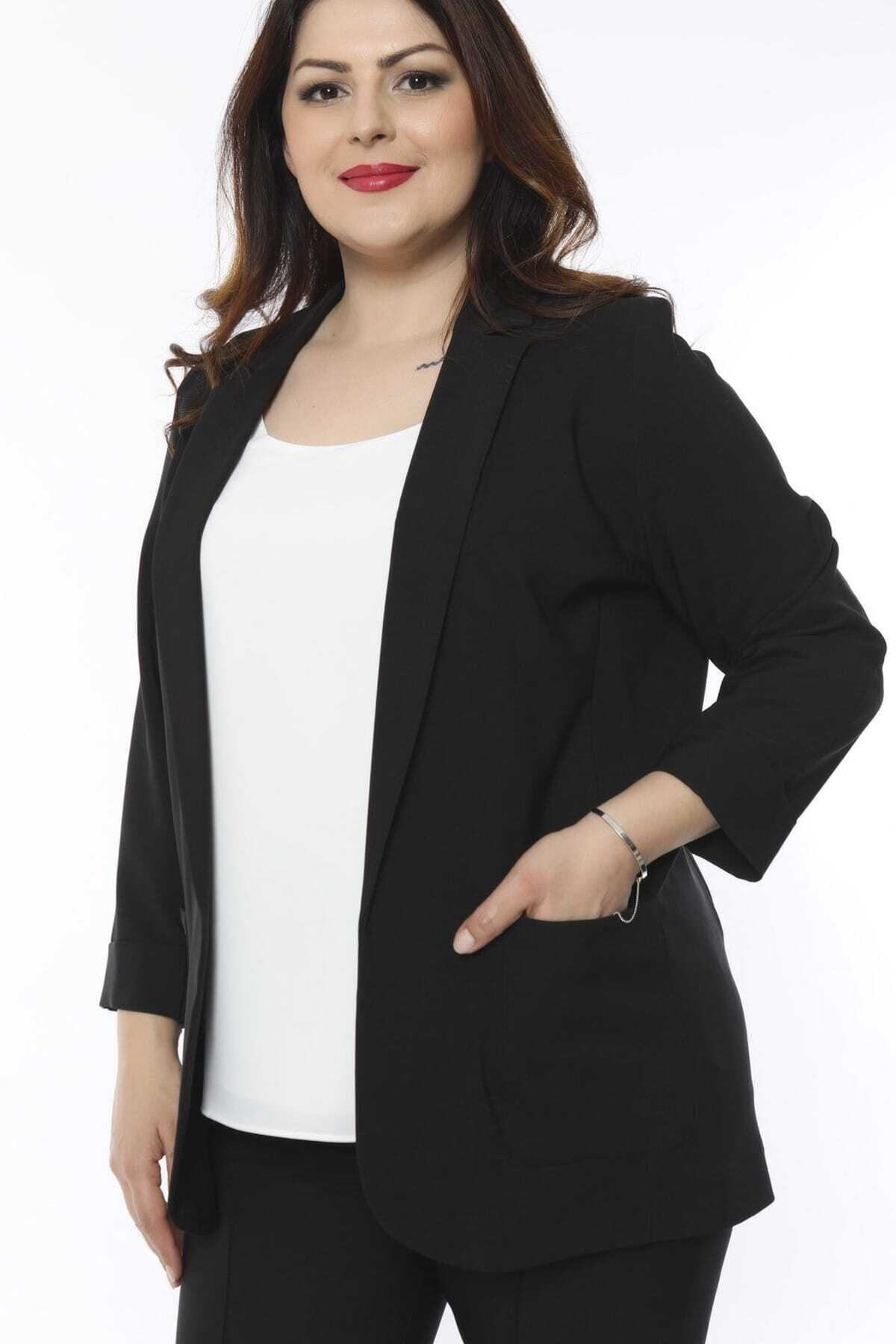 Hanezza Kadın Büyük Beden Siyah Cep Detaylı Krep Blazer Ceket