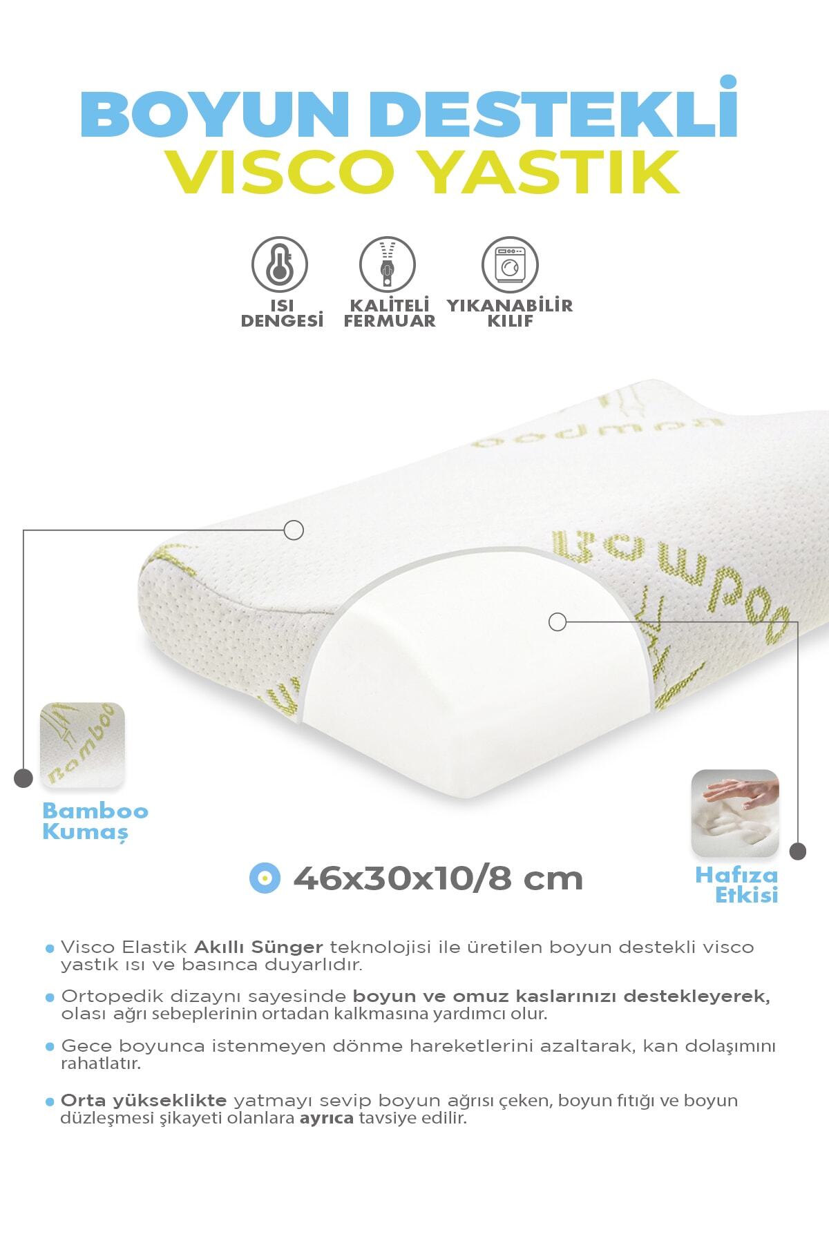 Viscofoam Visco Foam Bamboo Boyun Destekli Ortopedik Yastık Visco Yastık 46*30*10/8 Cm