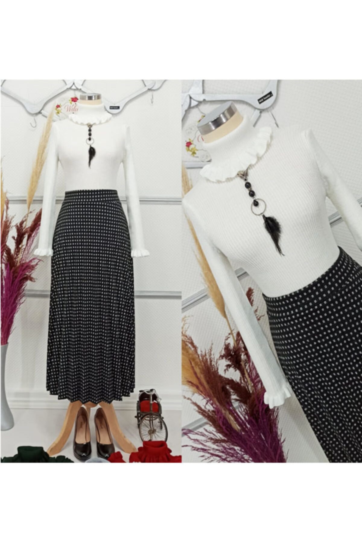 NAS TESETTÜR Kadın Desenli Pliseli Jakar Örme Etek Beyaz Triko Kazak