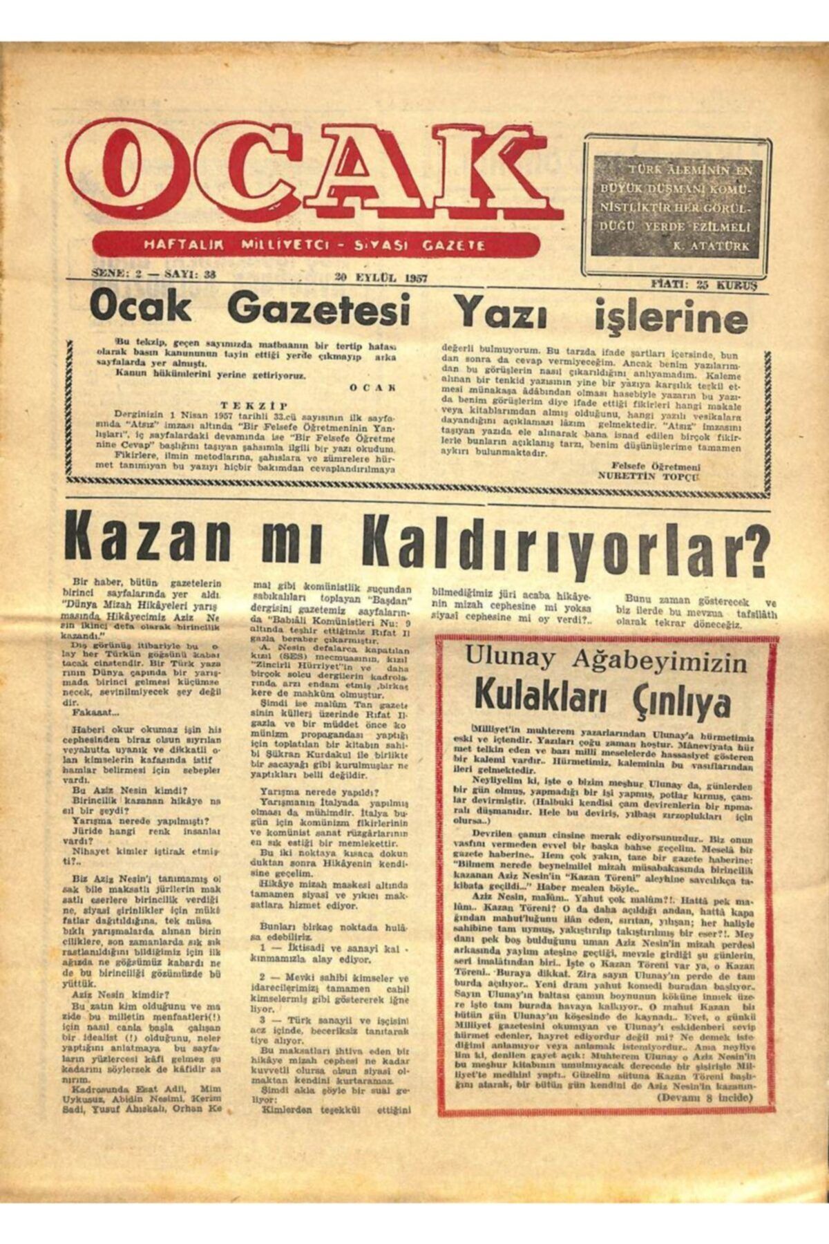 Gökçe Koleksiyon Ocak Haftalık Milliyetçi Siyasi Gazete 20 Eylül 1967 Sayı:38 - Ulunay Ağabeyimizin Kulakları Çınlaya