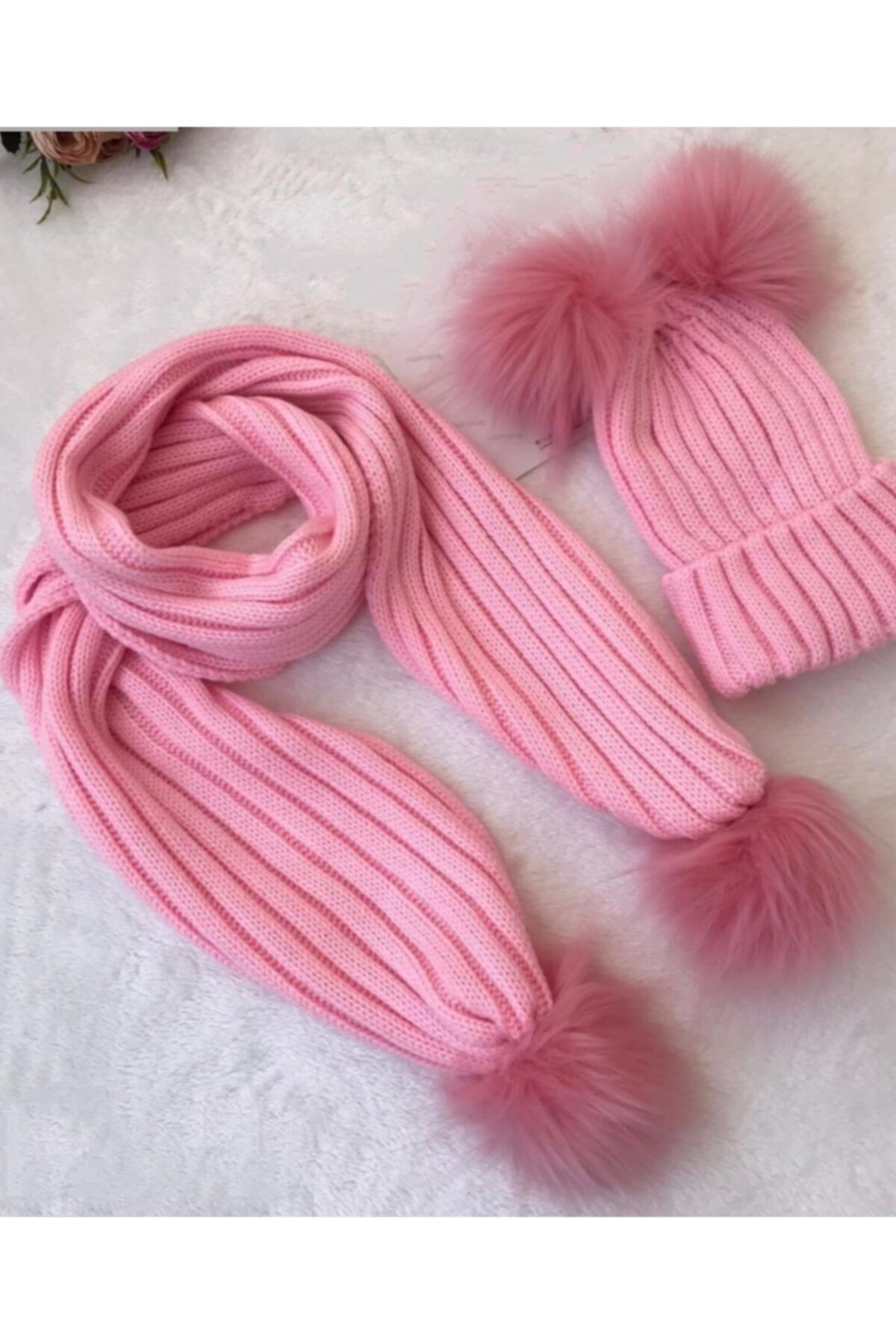 CRYSTALSHOP Kız Çocuk Pembe Ponponlu Atkı Ve Bere Takımı