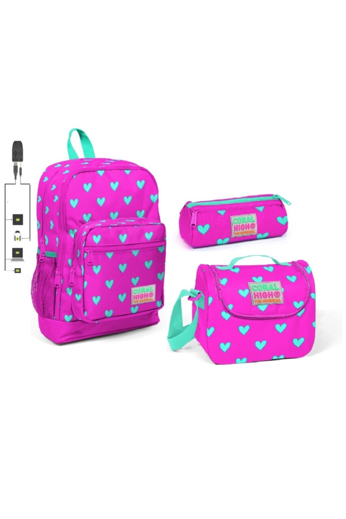 Coral High Kids Dört Bölmeli Usb Şarjlı Kulaklık Çıkışlı 3'lü Okul Çanta Seti