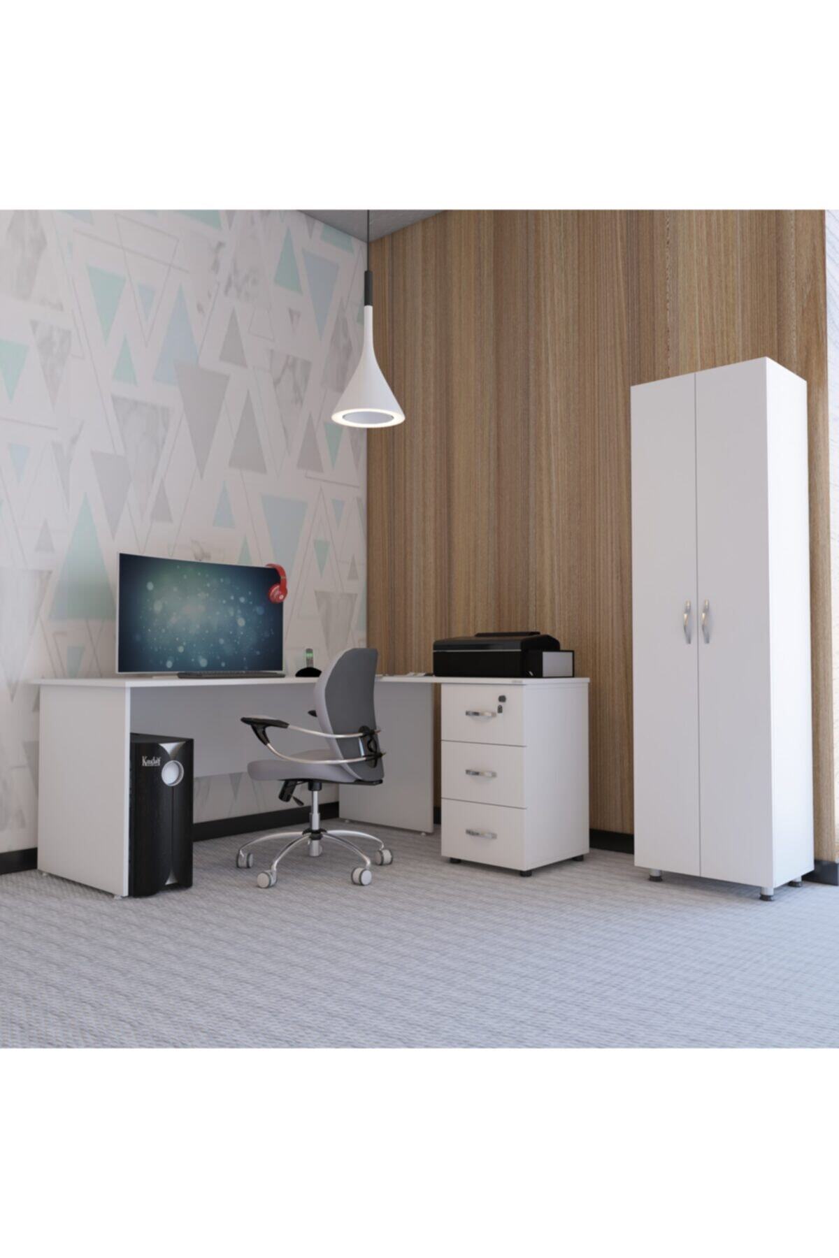 Dienni Beyaz Laçin L Ofis Masası + Beyaz Iki Kapaklı Sekiz Raflı Çok Amaçlı Dolap