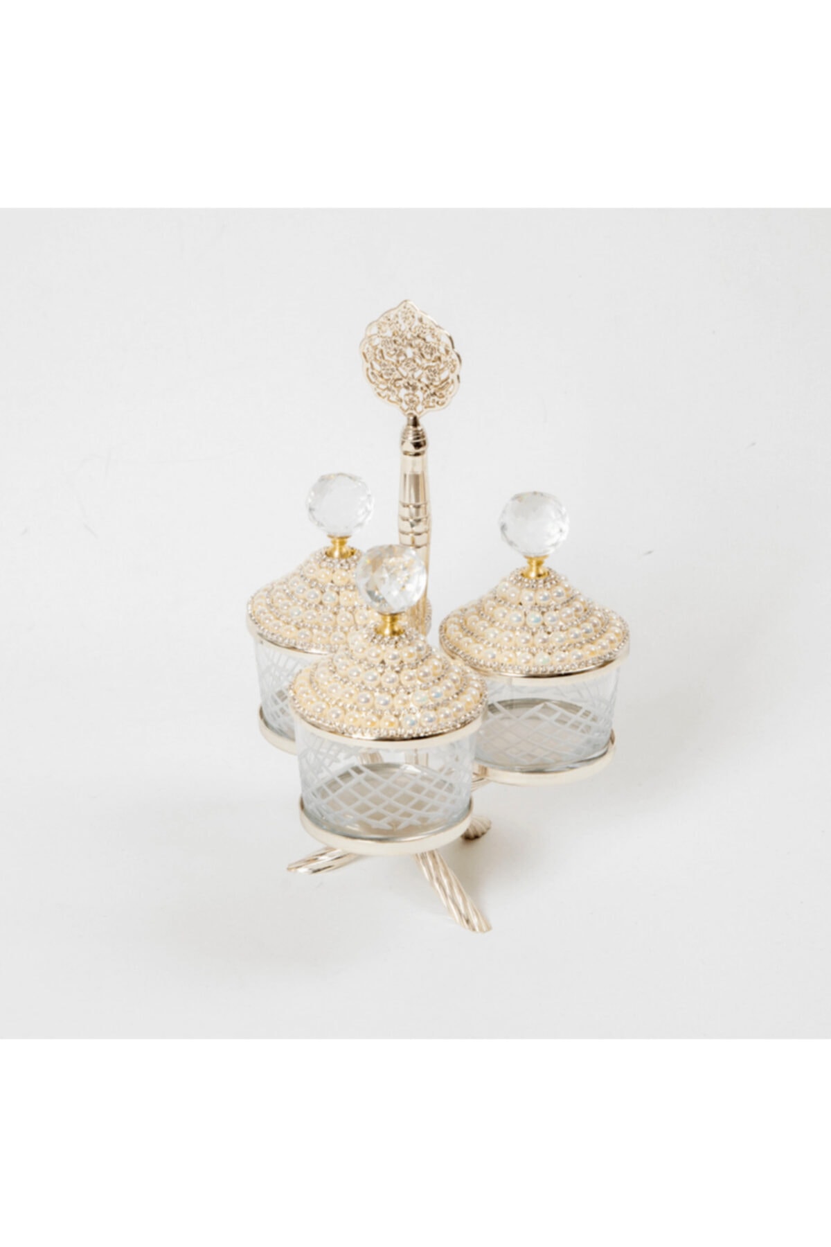 İnova Home Decor Aden Incili Standlı Üçlü Gümüş-kesme Dekorlu Baharatlık-çerezlik Seti