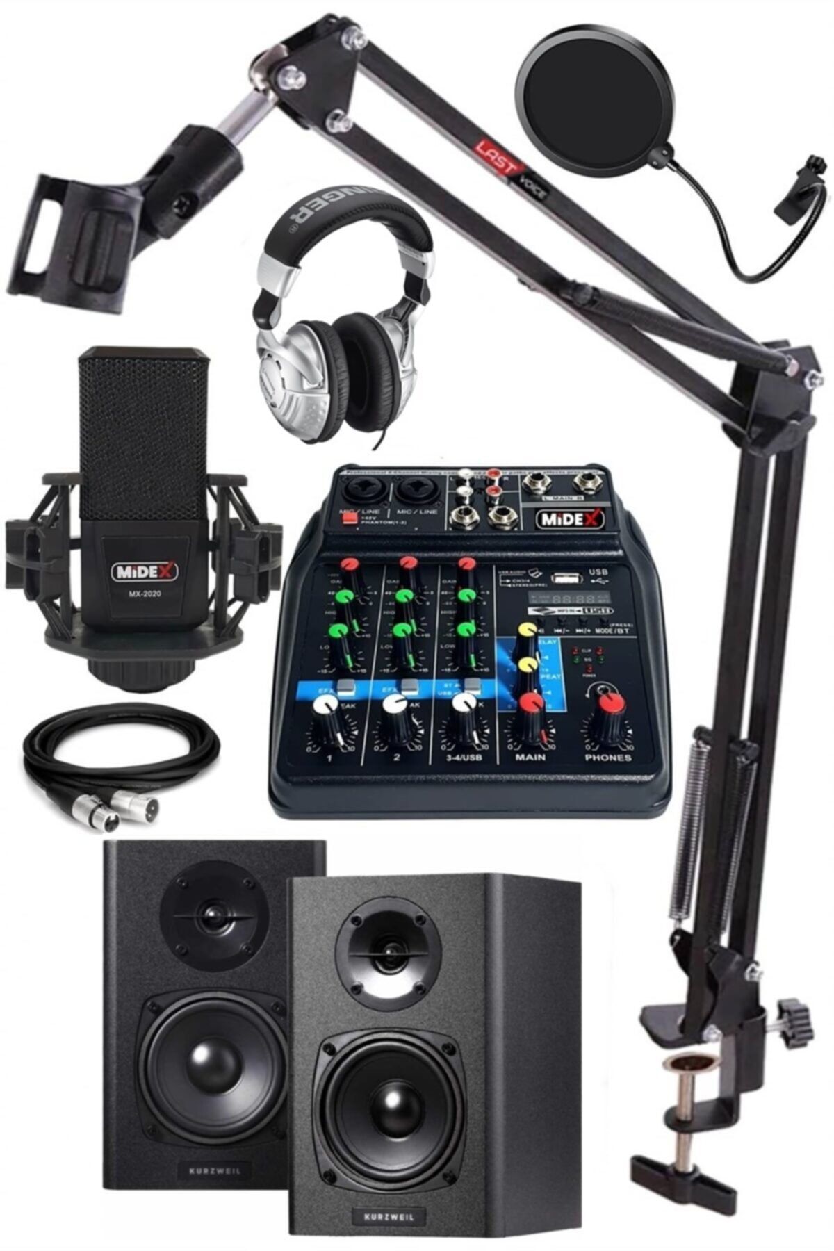 Midex Impressive Paket-2 Stüdyo Ekipmanları Kayıt Seti (monitör Mikrofon Mikser Kulaklık)