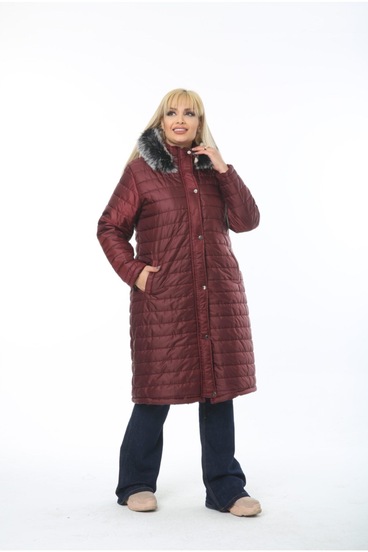 By Alba Collection Kadın Bordo Şişme Kapitone Büyük Beden Mont
