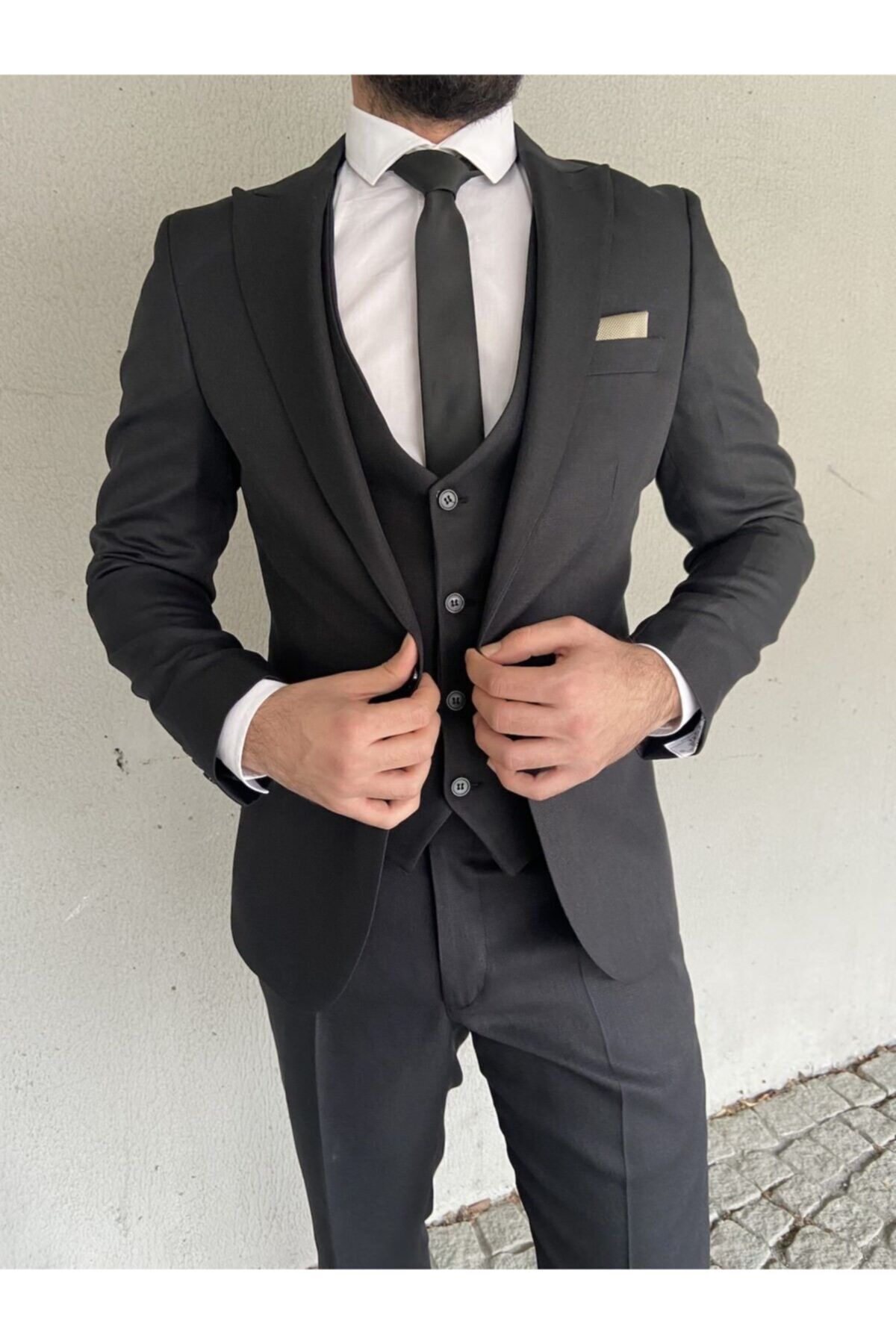 Alberto Silva Erkek Slim Fit Siyah Yelekli Takım Elbise
