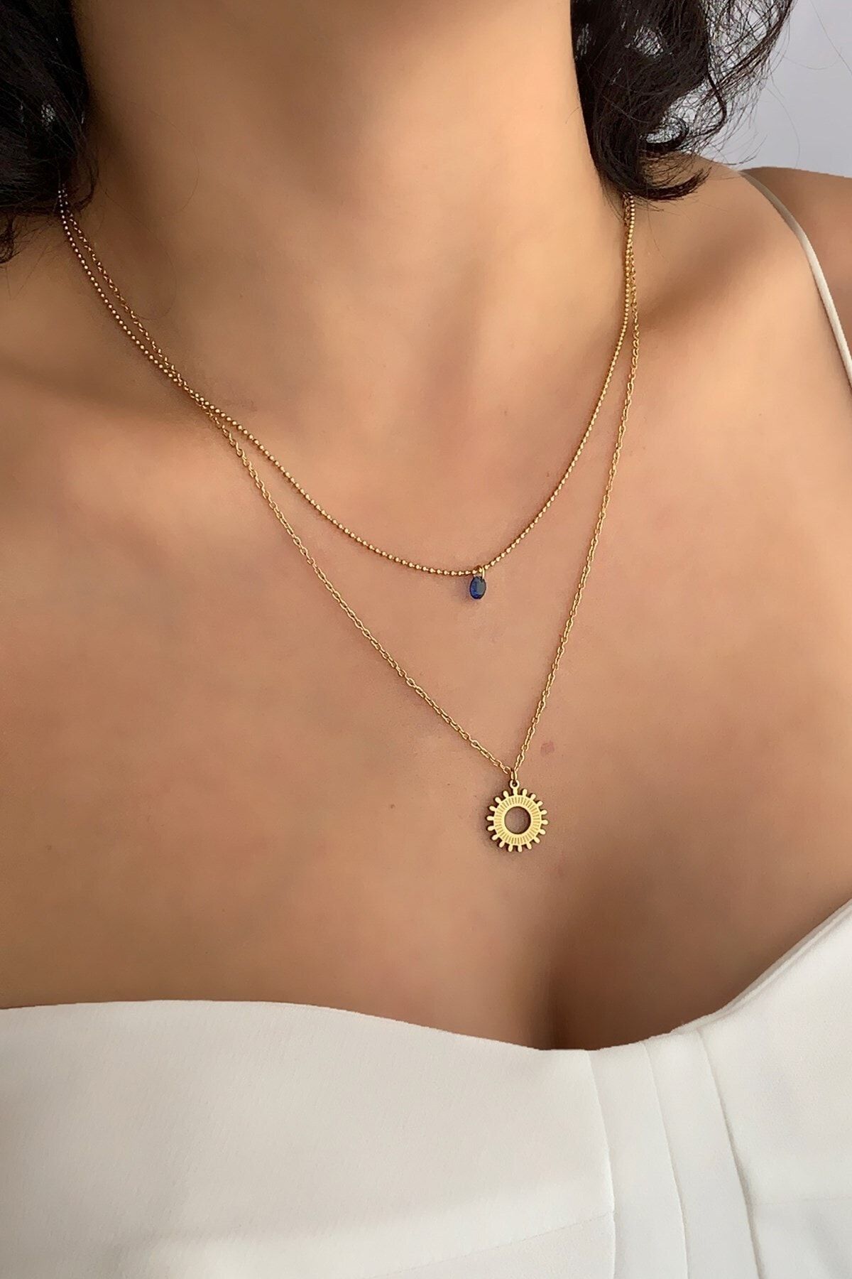 Çlk Accessories Çelik Güneş Kolye 2 Li Topçuk Zincir Model Çelik Kolye Trkolye5756 B35003