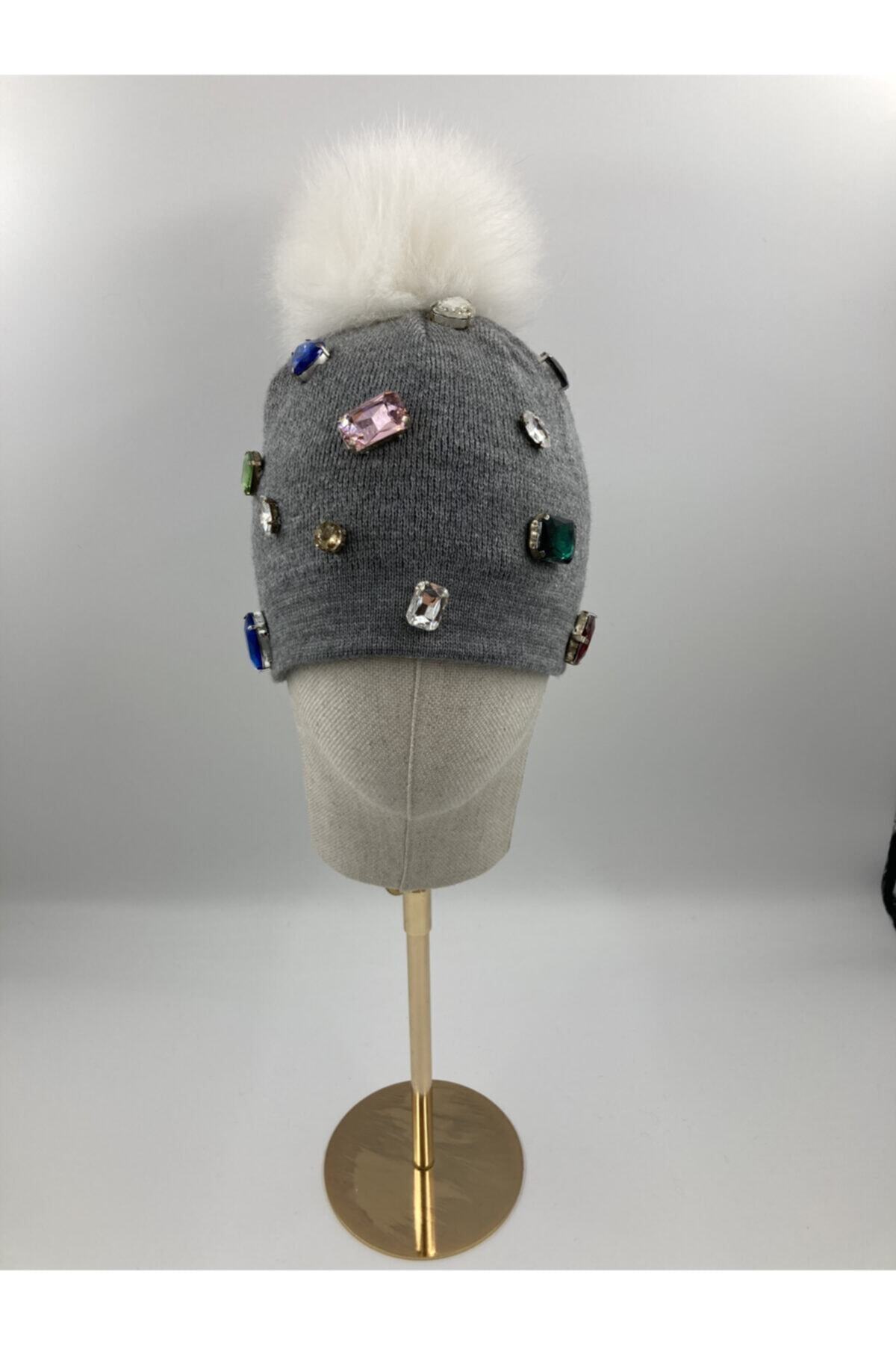 hats designer El Yapımı, Beyaz Tek Ponponlu, Taşlı, Gri Bere