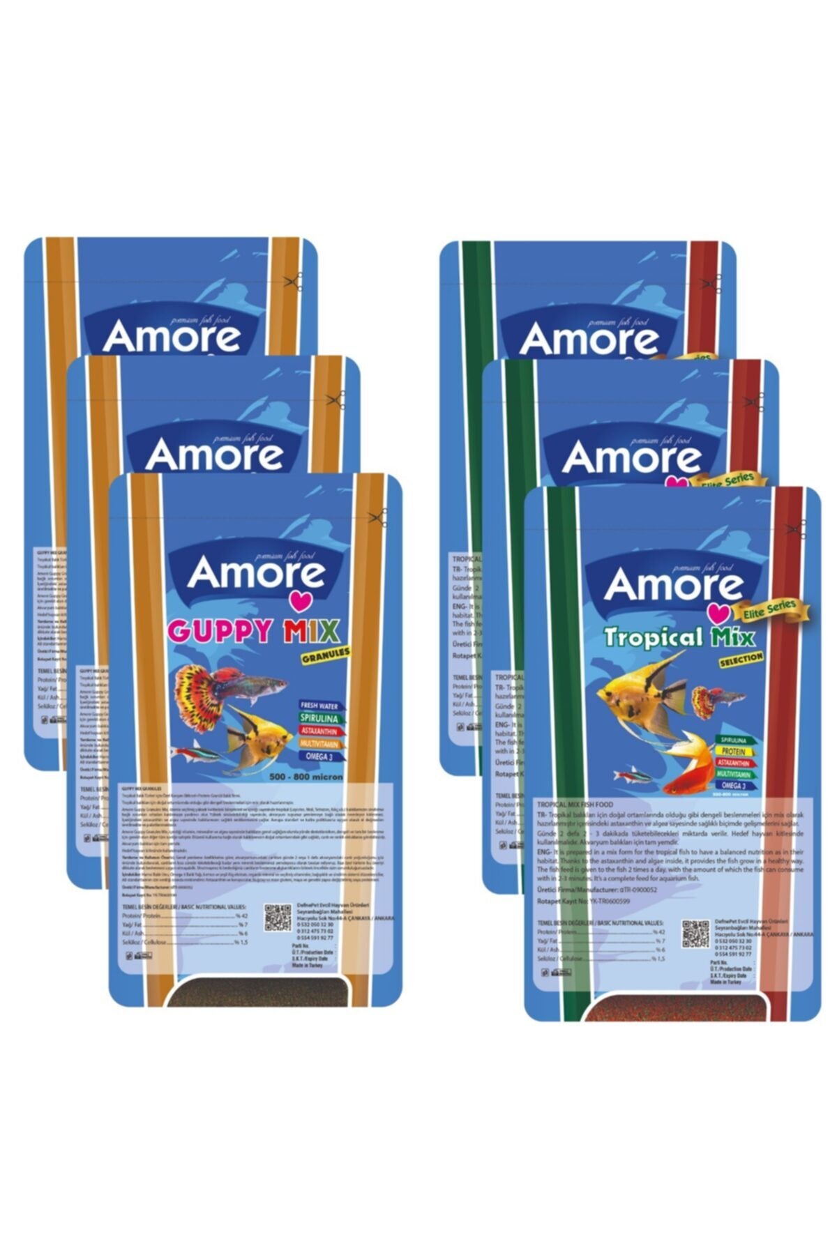 AMORE Guppy Mix Granules 3x45 Gr Poşet + Tropical Mix Selection 3x45 Gr Akvaryum Balık Yemi