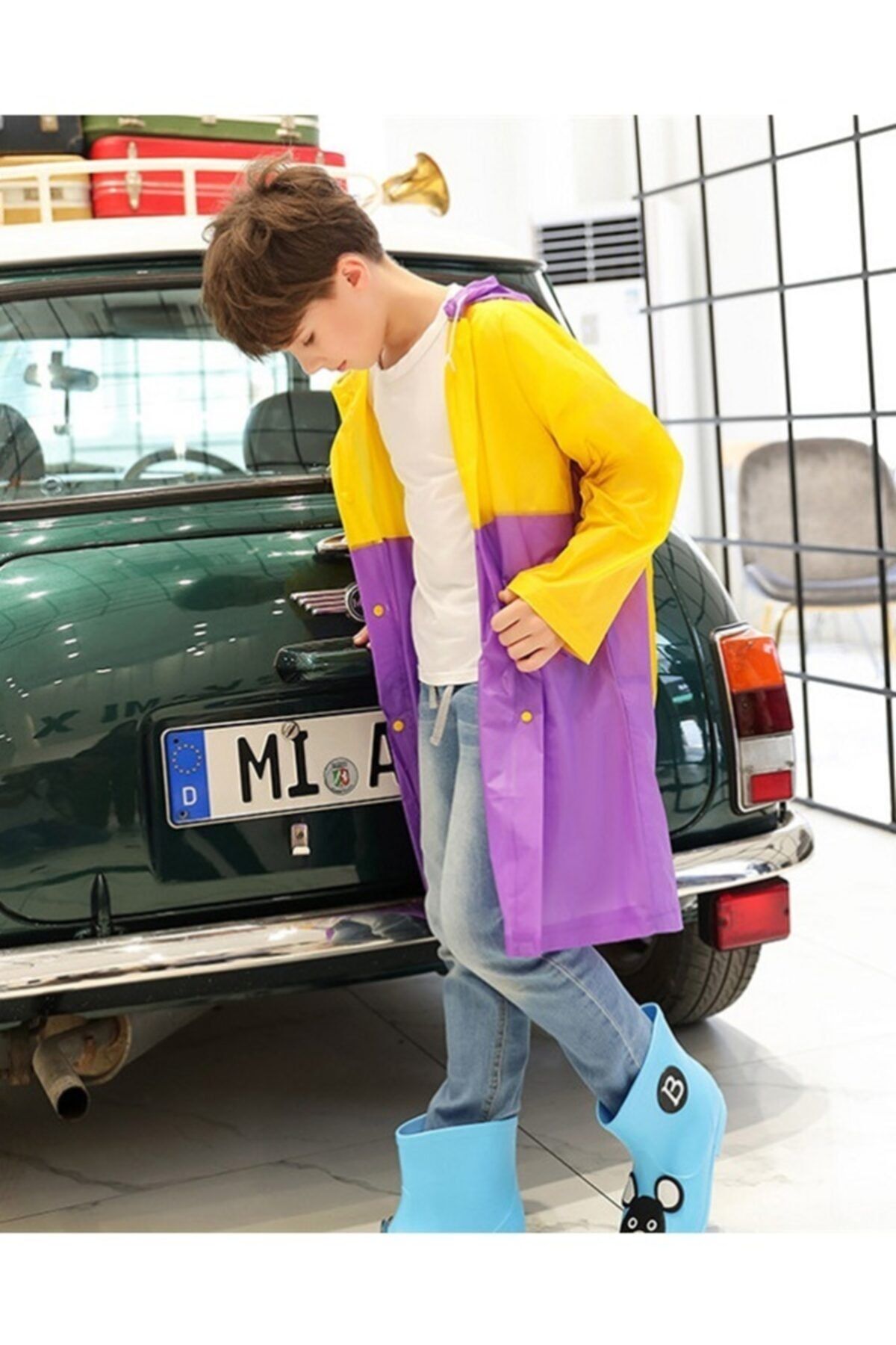 7 Moda Kids Eva Su Geçirmez Çocuk Yağmurluğu, Çanta Kısımlı, Kapüşonlu Çocuk Yağmurluk, Sarı-mor
