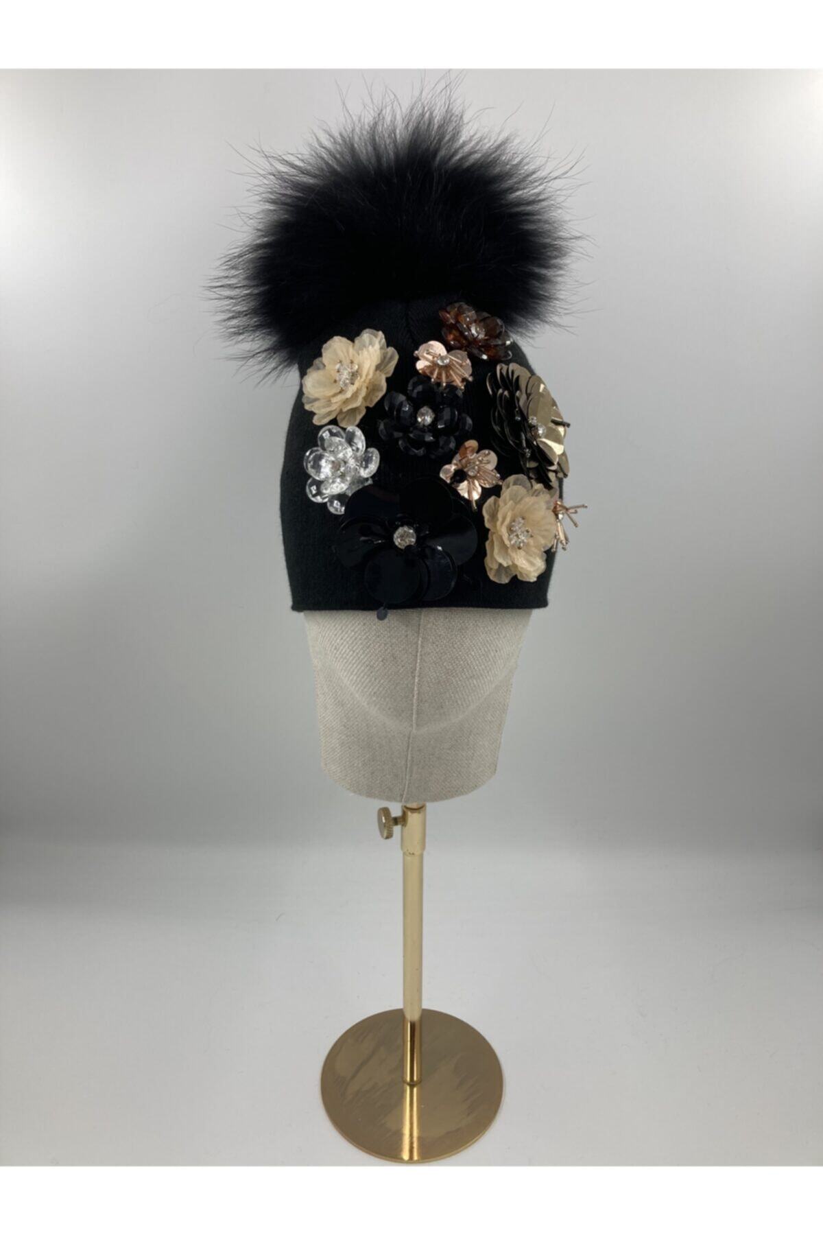 hats designer El Yapımı, Çiçek Aksesuar Detaylı, Siyah Tek Ponponlu, Siyah Bere